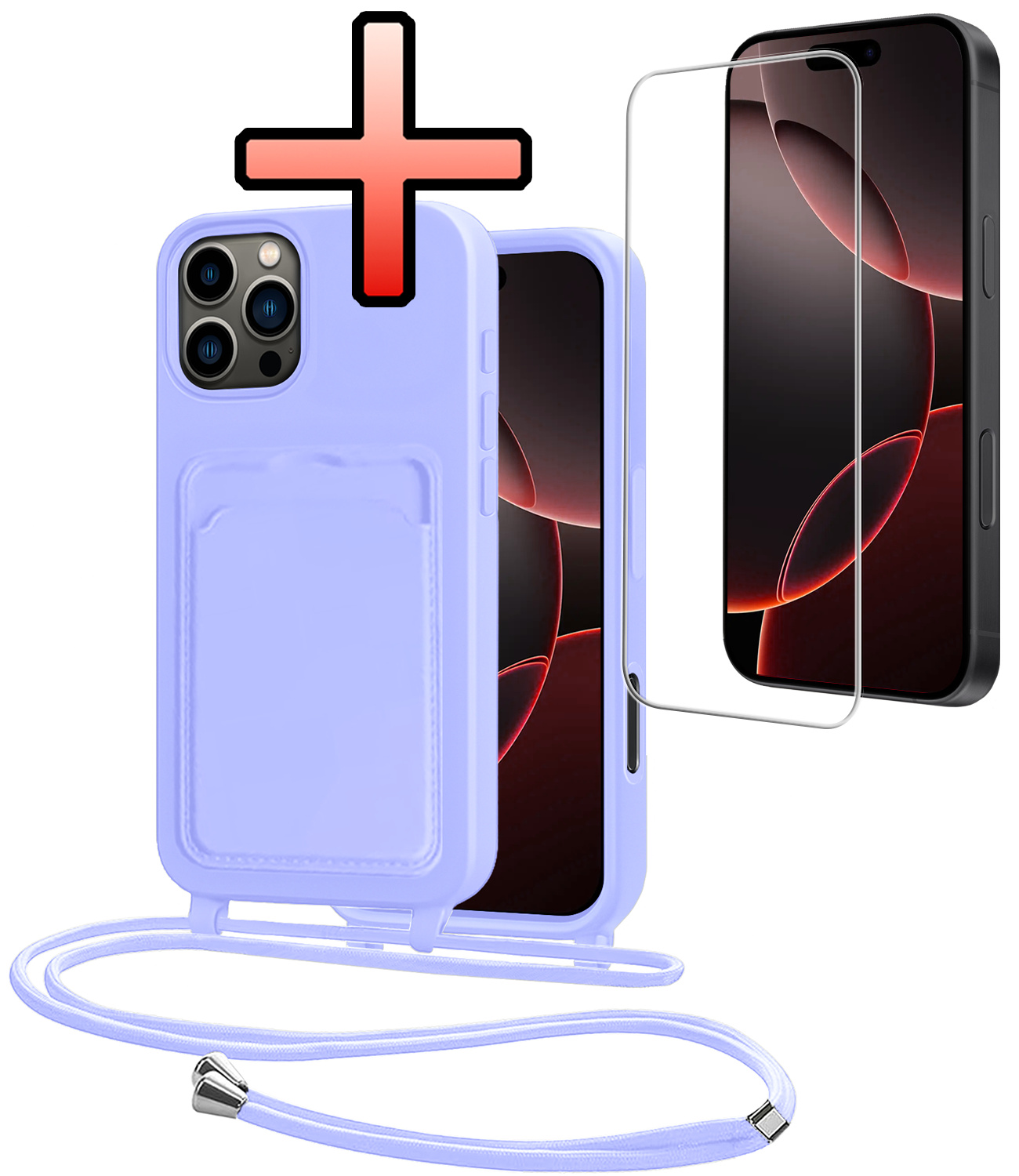 NoXx NoXx iPhone 16 Pro Max Hoesje Pashouder met Koord Met Screenprotector - Lila