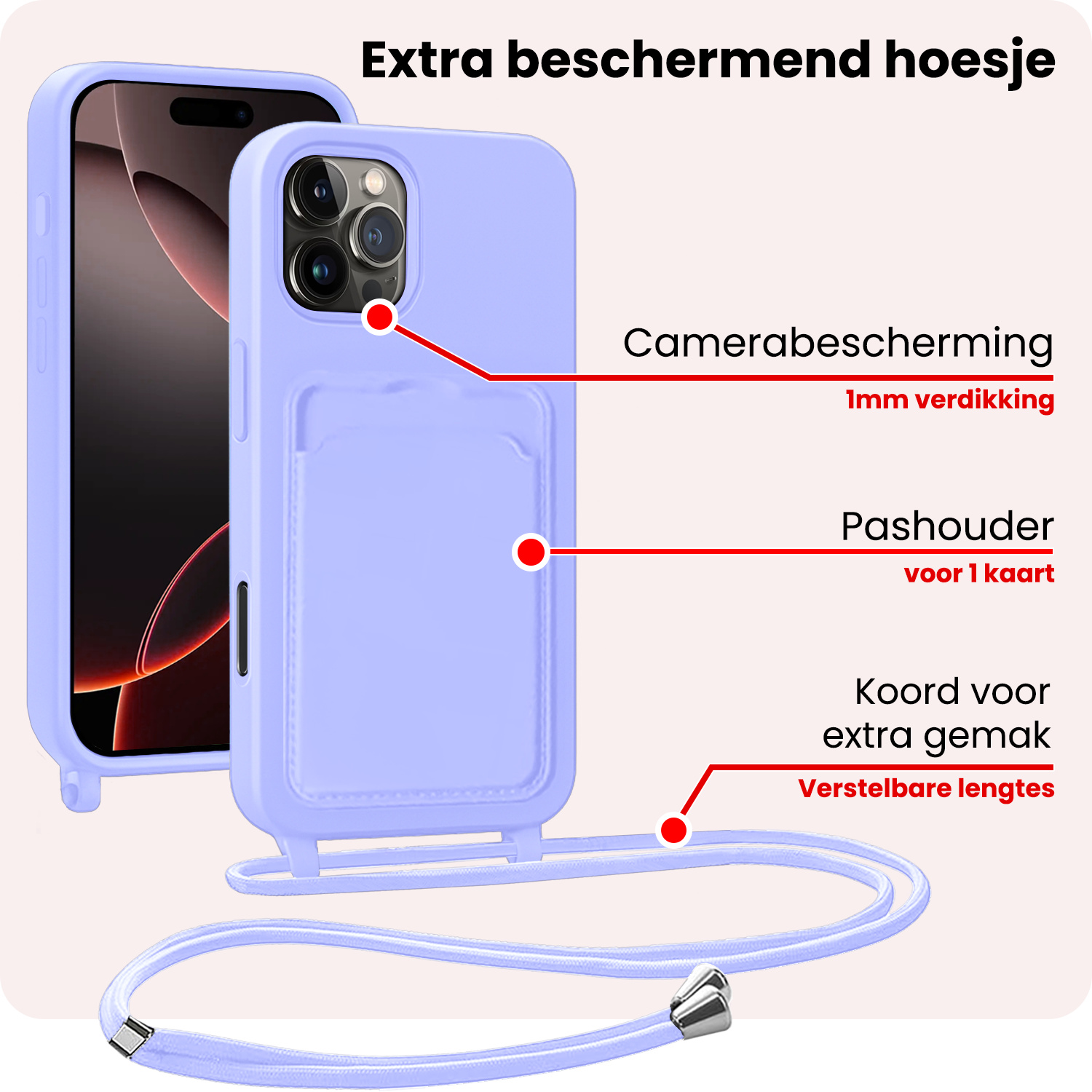 NoXx NoXx iPhone 16 Pro Max Hoesje Pashouder met Koord Met 2x Screenprotector - Lila