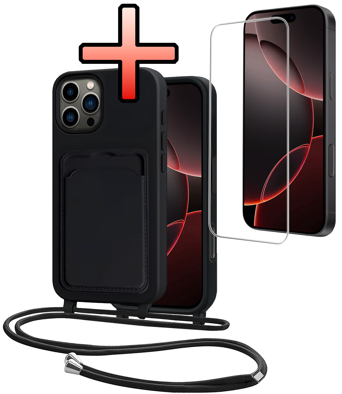 NoXx NoXx iPhone 16 Pro Max Hoesje Pashouder met Koord Met Screenprotector - Zwart