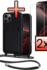 NoXx NoXx iPhone 16 Pro Max Hoesje Pashouder met Koord Met 2x Screenprotector - Zwart