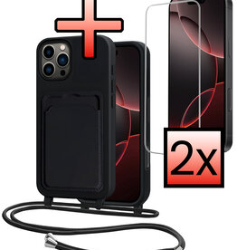 NoXx NoXx iPhone 16 Pro Max Hoesje Pashouder met Koord Met 2x Screenprotector - Zwart