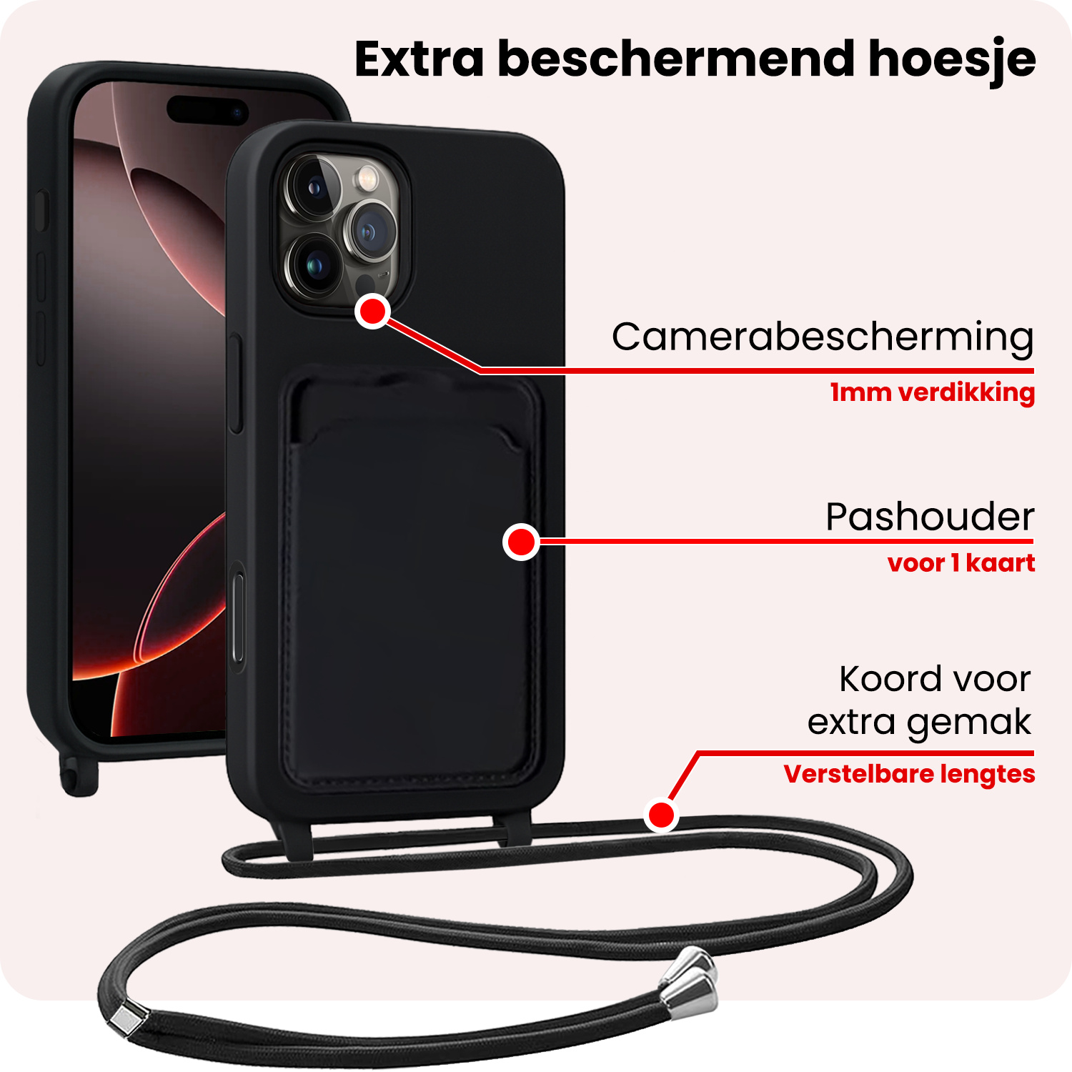 NoXx NoXx iPhone 16 Pro Max Hoesje Pashouder met Koord Met 2x Screenprotector - Zwart
