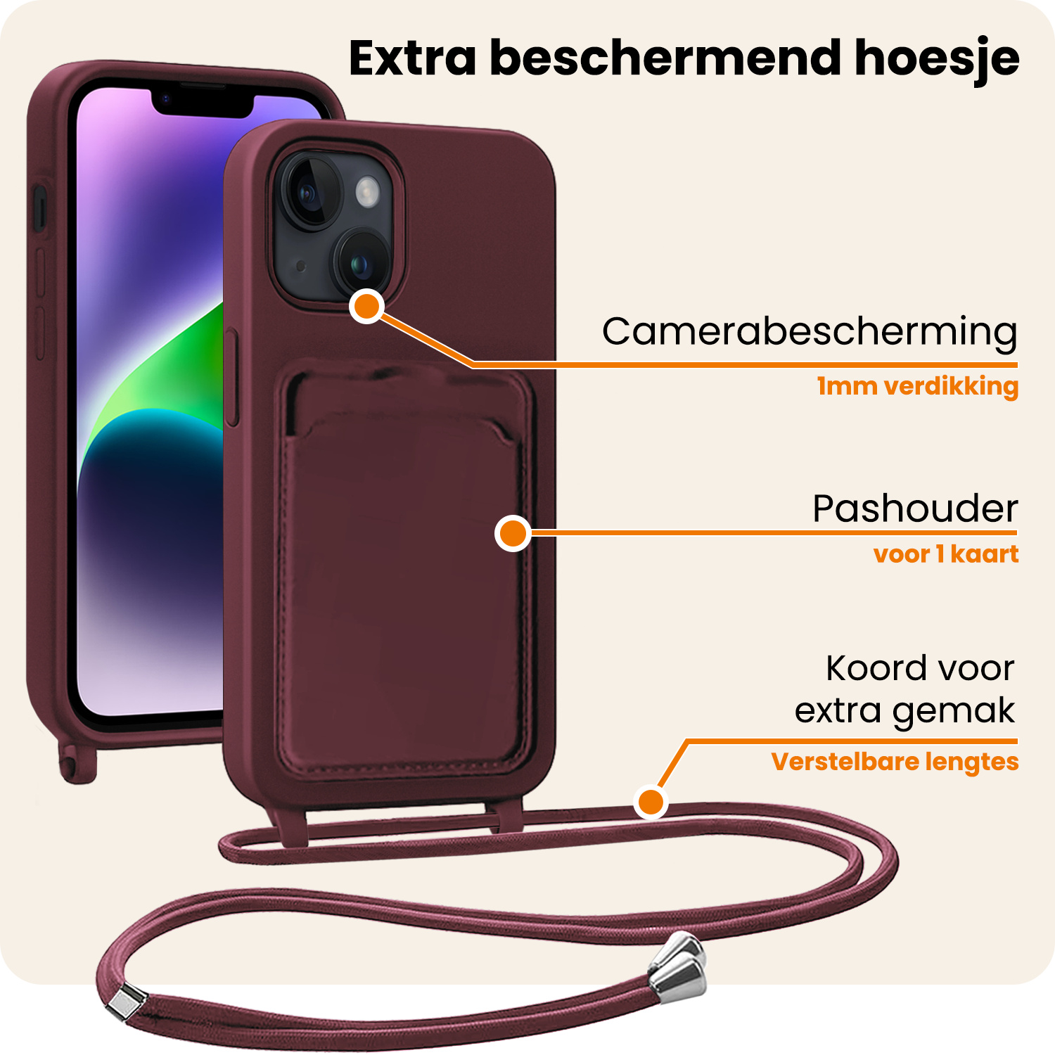 Nomfy Nomfy iPhone 13 Hoesje Pashouder met Koord - Aubergine - 2 PACK