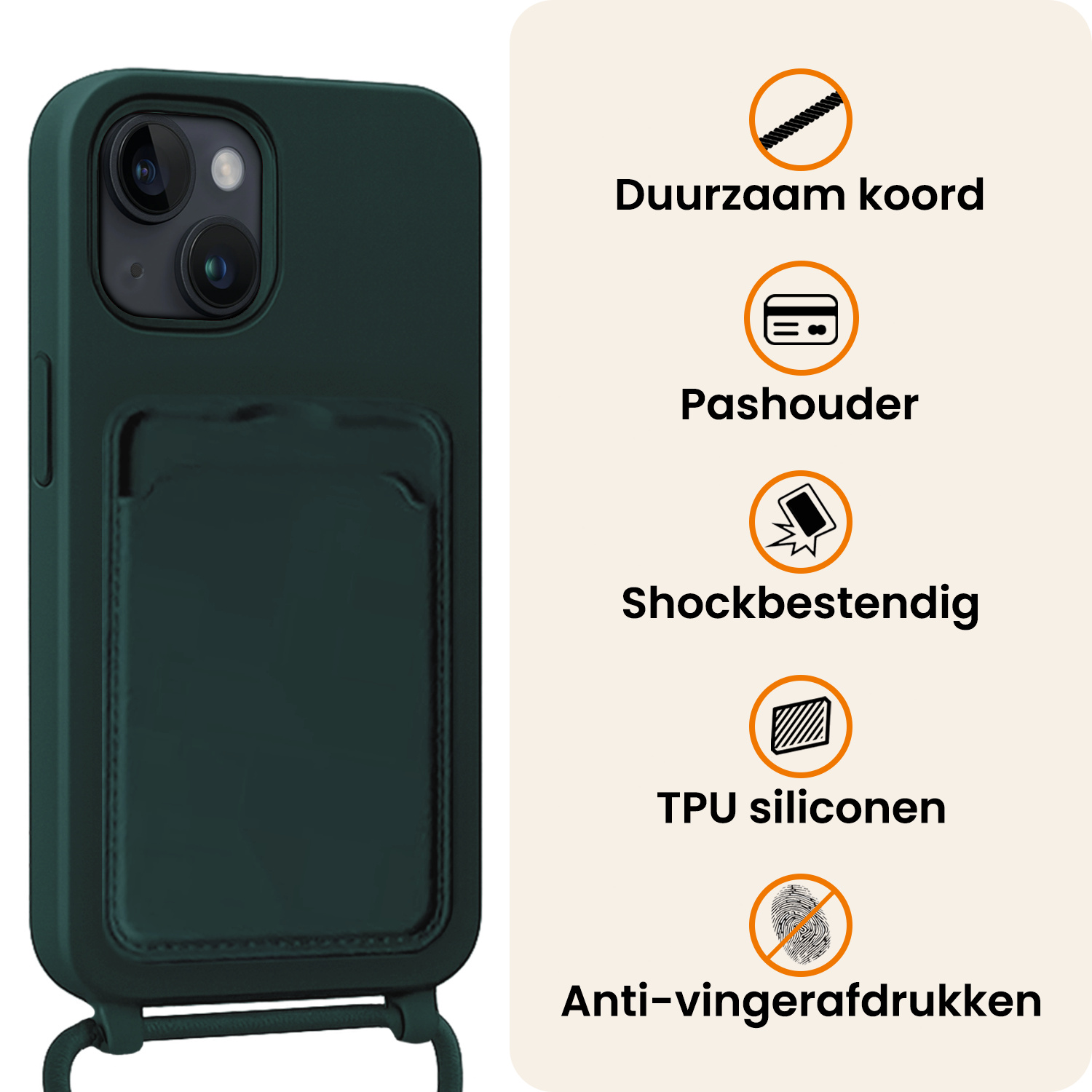 Nomfy Nomfy iPhone 13 Hoesje Pashouder met Koord - Donkergroen