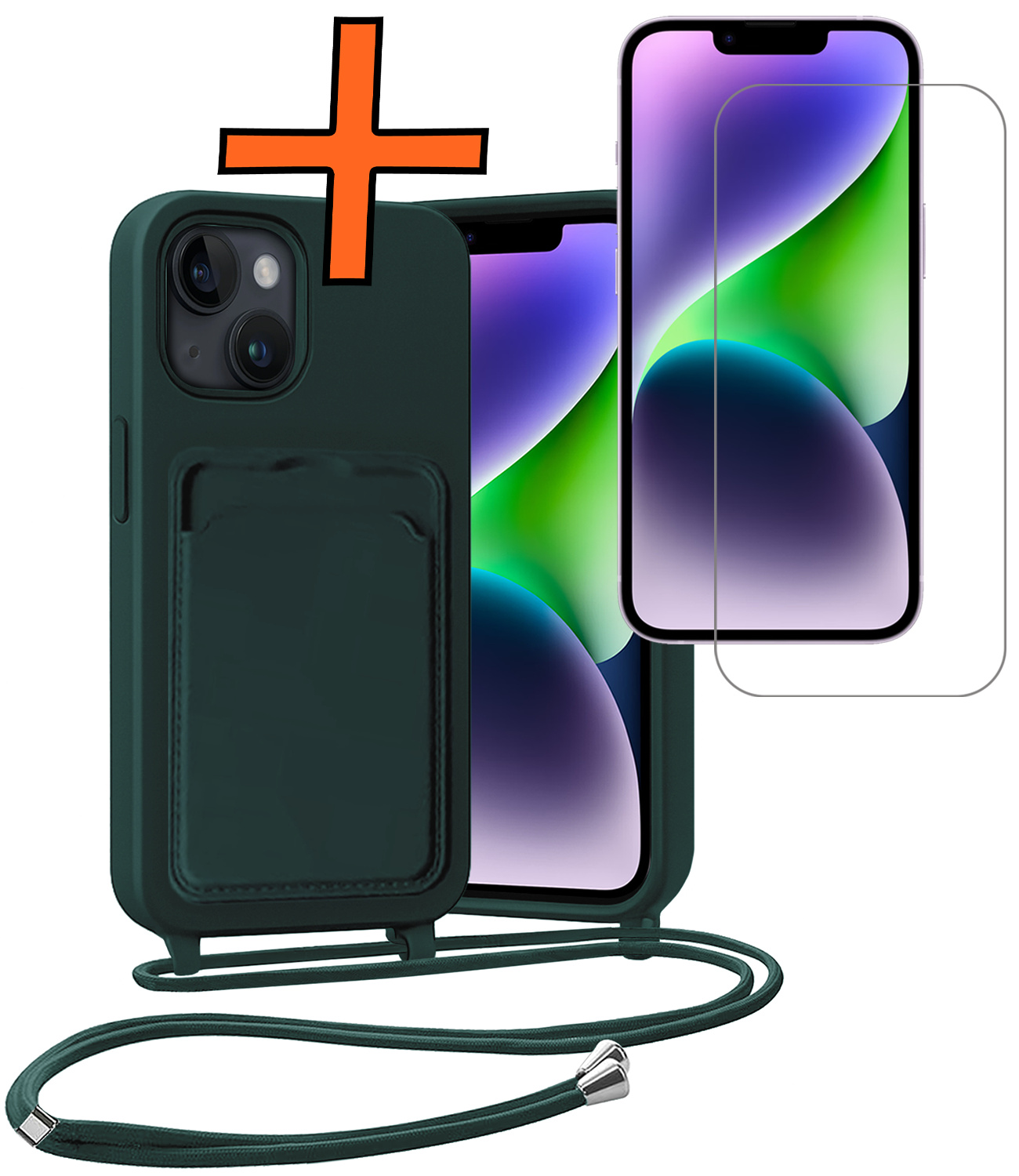 Nomfy Nomfy iPhone 13 Hoesje Pashouder met Koord Met Screenprotector - Donkergroen