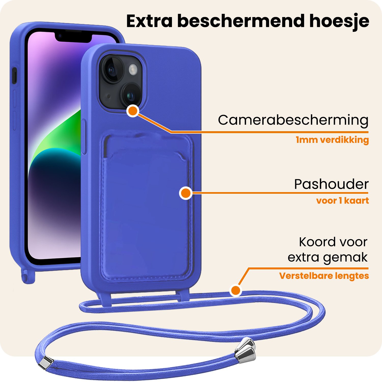 Nomfy Nomfy iPhone 13 Hoesje Pashouder met Koord - Fel Blauw - 2 PACK
