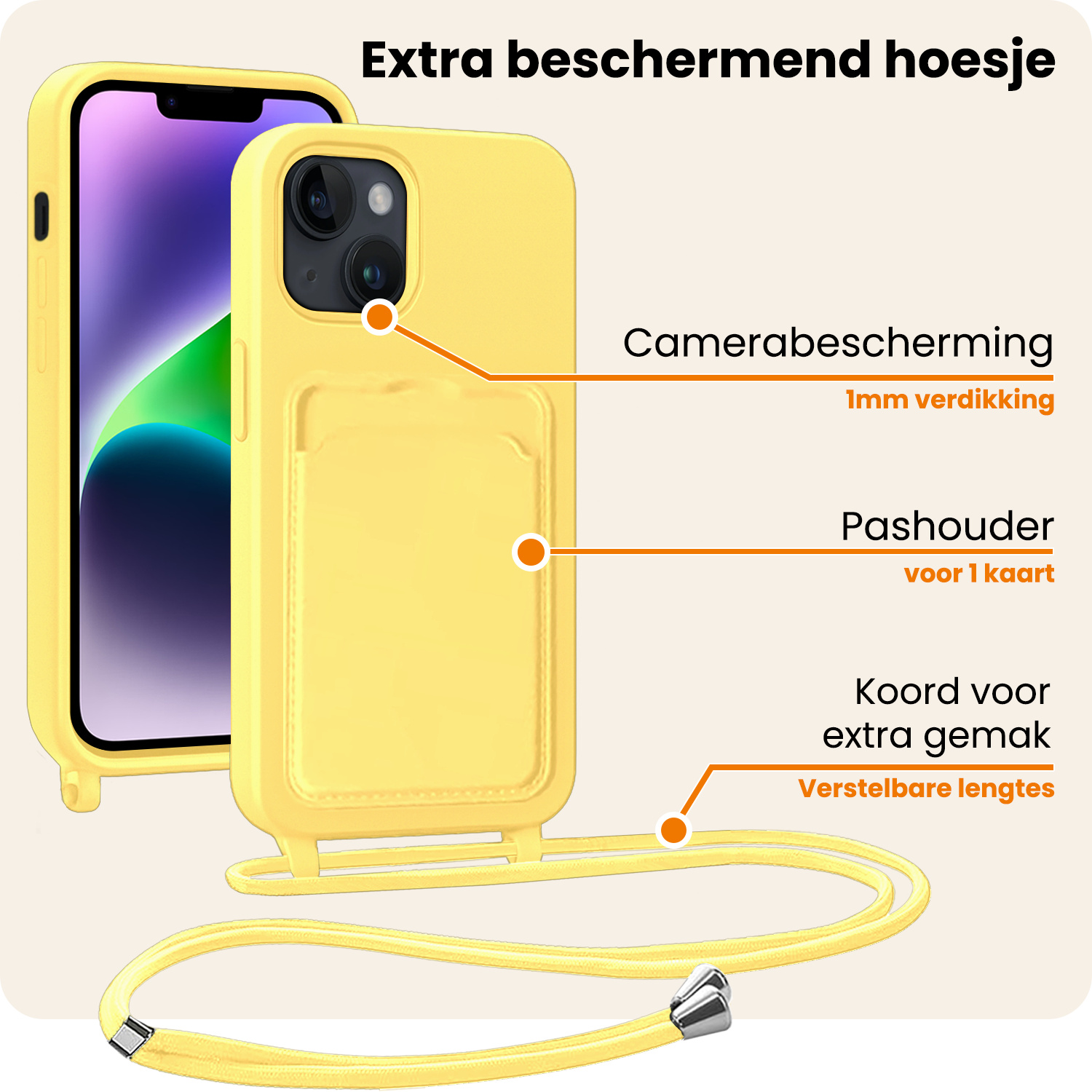 Nomfy Nomfy iPhone 13 Hoesje Pashouder met Koord Met Screenprotector - Geel
