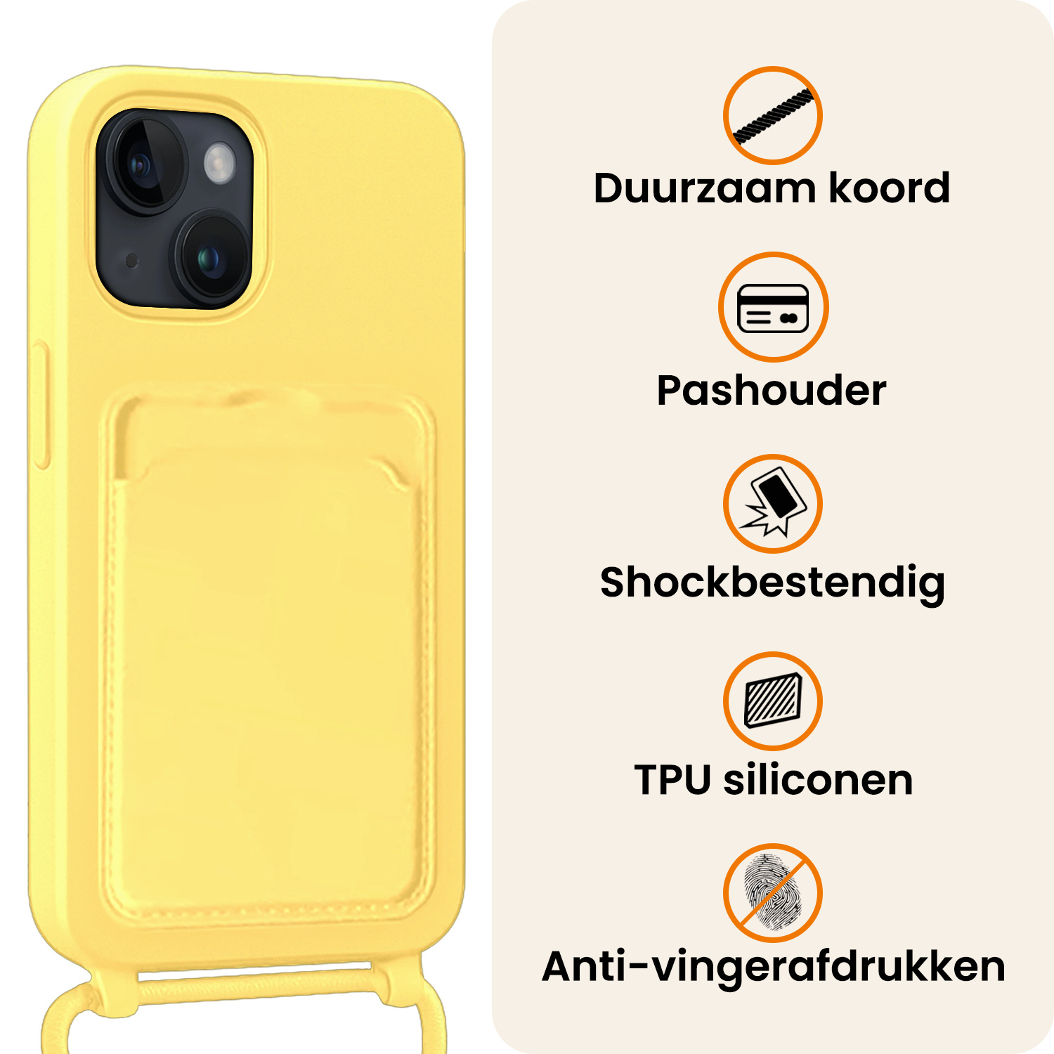 Nomfy Nomfy iPhone 13 Hoesje Pashouder met Koord Met 2x Screenprotector - Geel