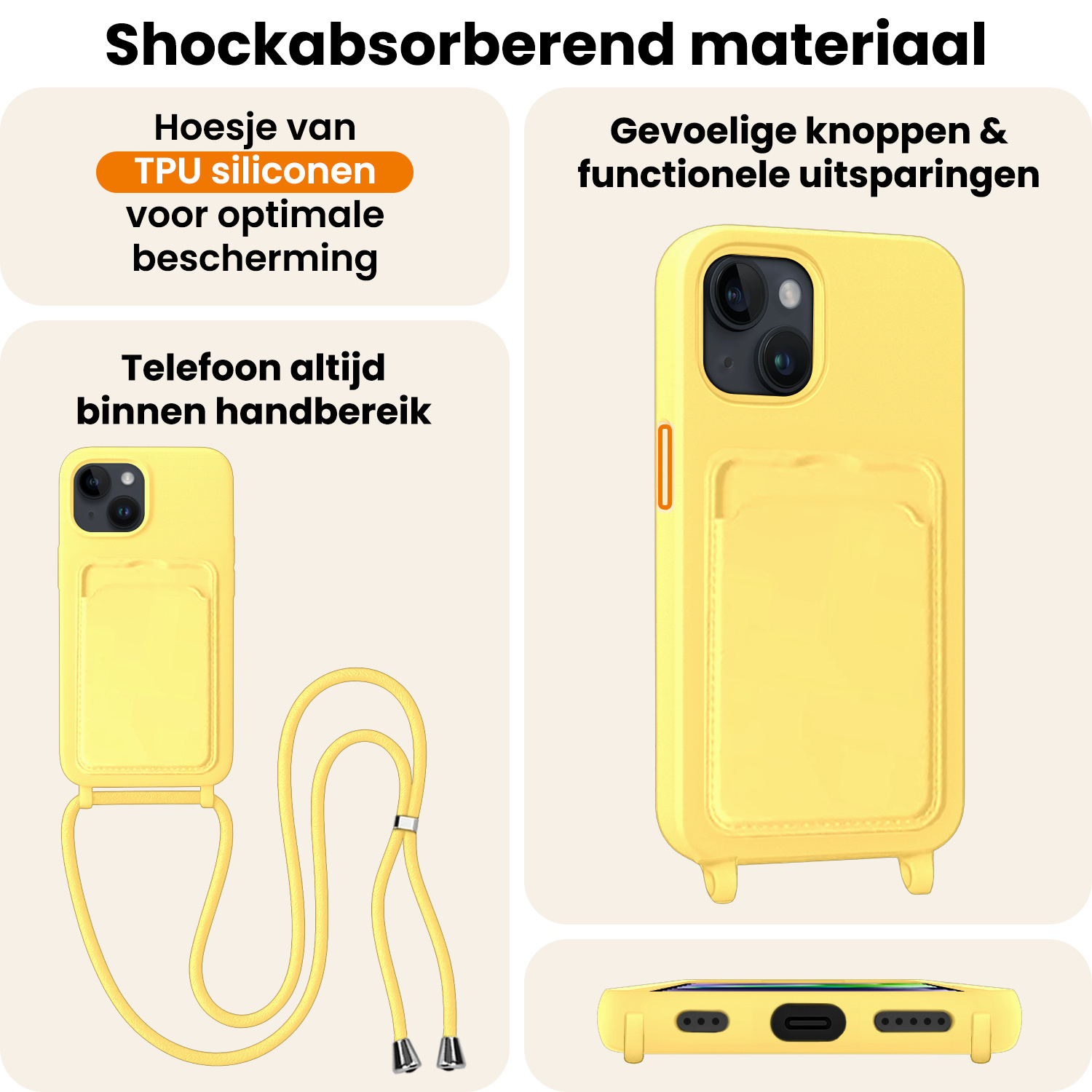 Nomfy Nomfy iPhone 13 Hoesje Pashouder met Koord Met 2x Screenprotector - Geel