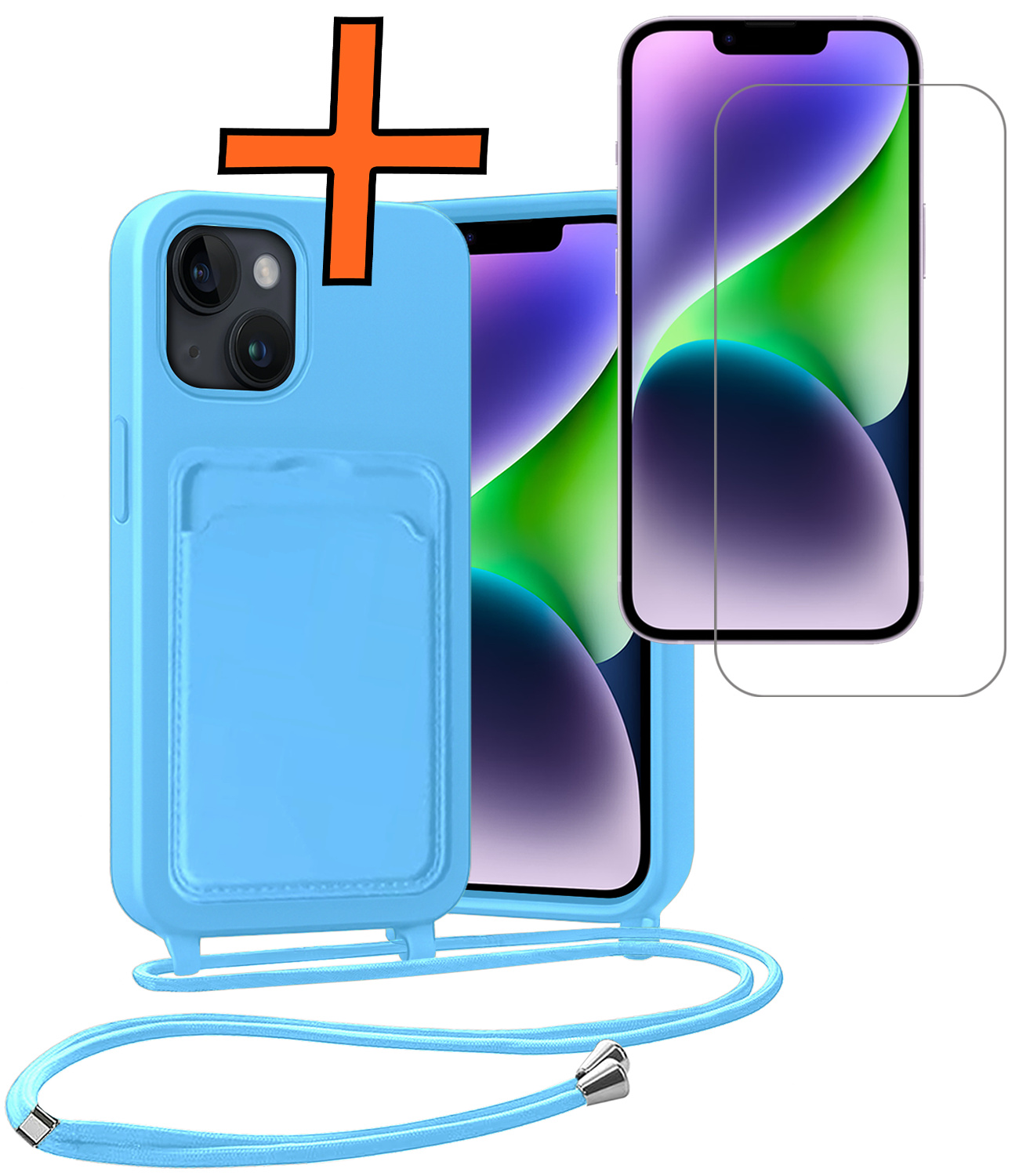 Nomfy Nomfy iPhone 13 Hoesje Pashouder met Koord Met Screenprotector - Lichtblauw