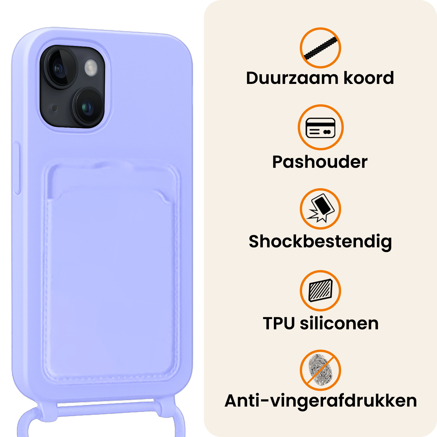 Nomfy Nomfy iPhone 13 Hoesje Pashouder met Koord - Lila - 2 PACK