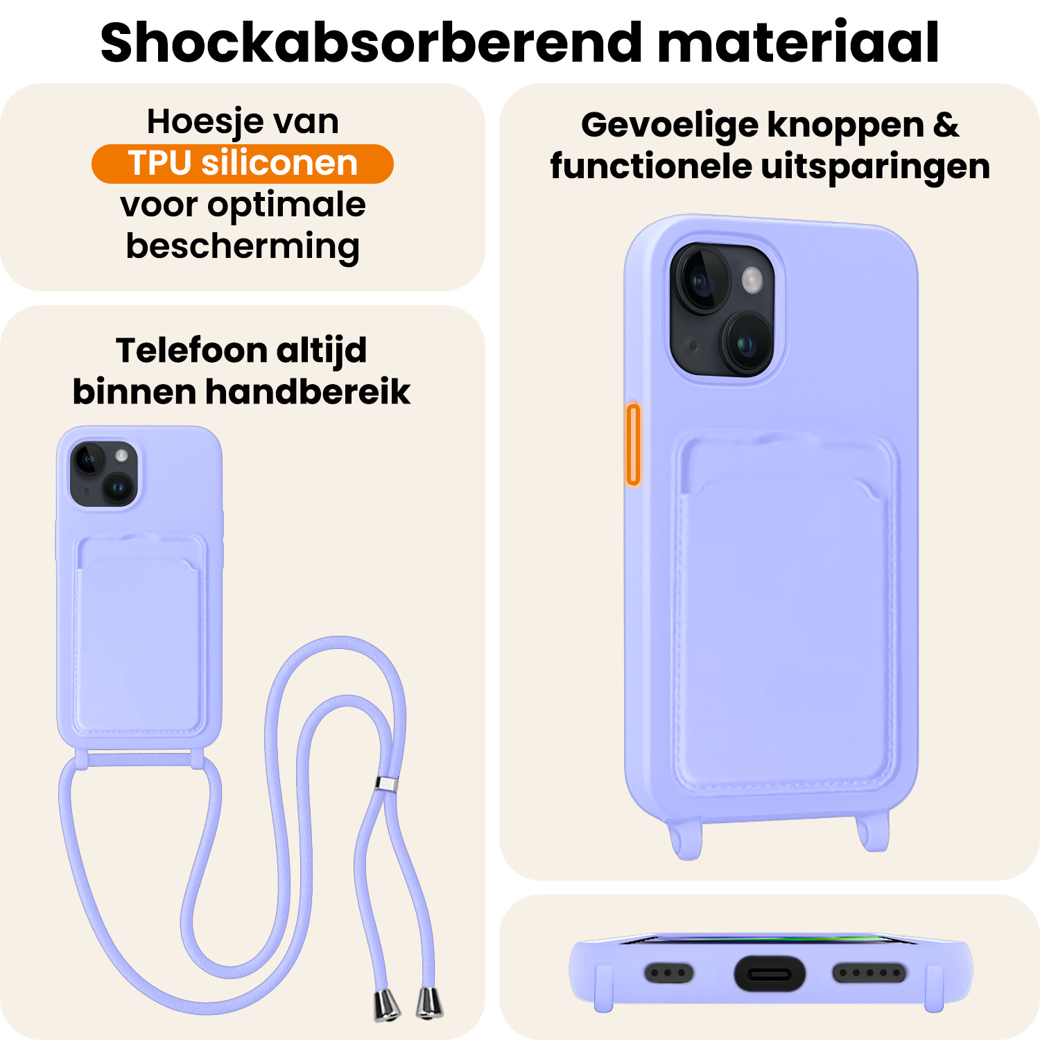 Nomfy Nomfy iPhone 13 Hoesje Pashouder met Koord - Lila - 2 PACK