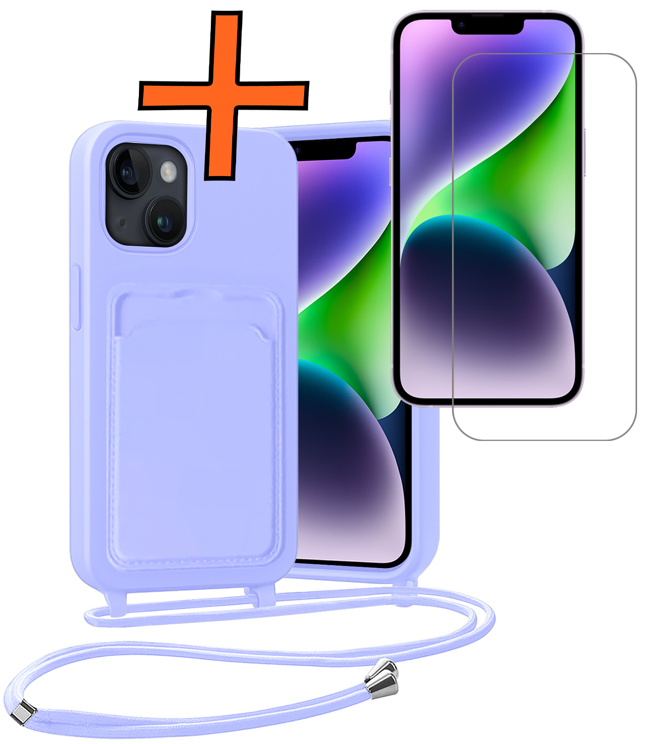 Nomfy Nomfy iPhone 13 Hoesje Pashouder met Koord Met Screenprotector - Lila