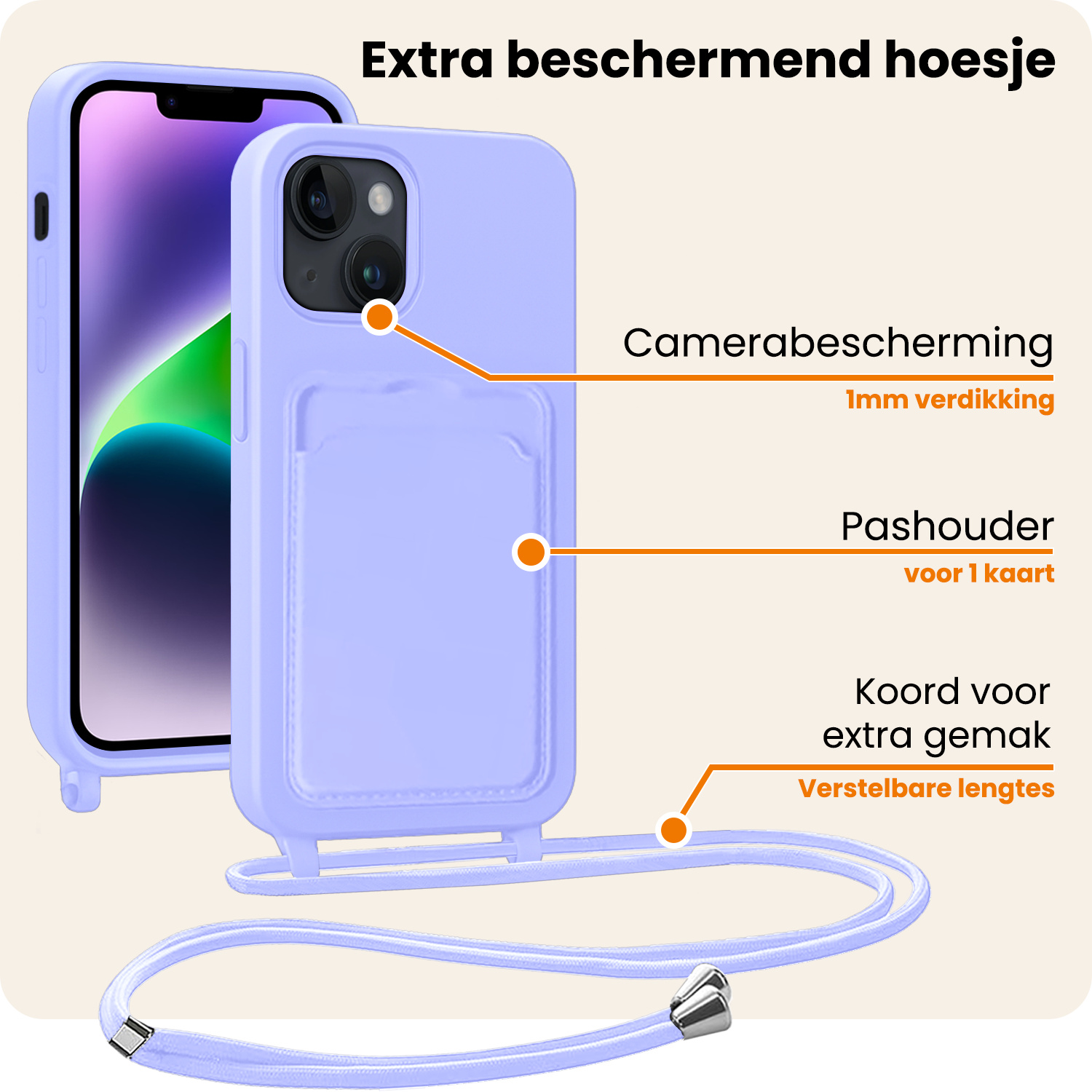 Nomfy Nomfy iPhone 13 Hoesje Pashouder met Koord Met Screenprotector - Lila