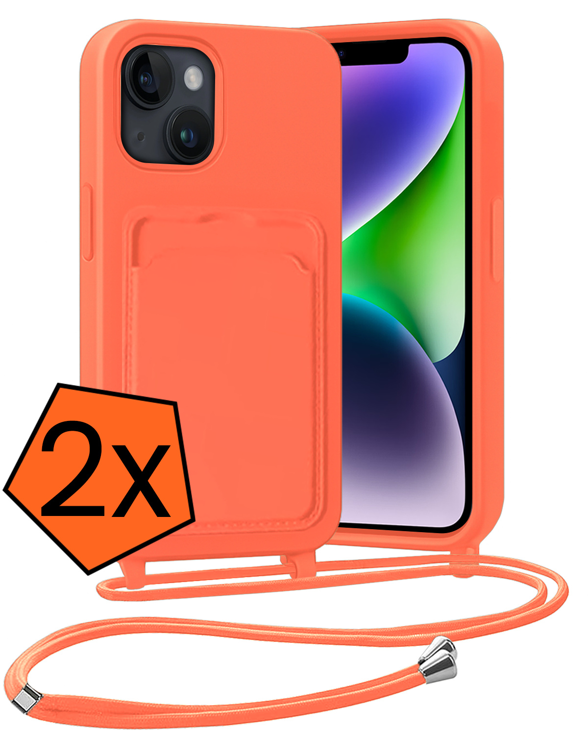 Nomfy Nomfy iPhone 13 Hoesje Pashouder met Koord - Papaya - 2 PACK