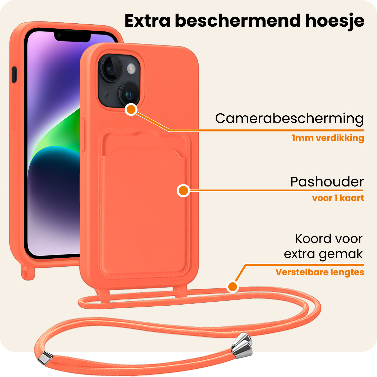 Nomfy Nomfy iPhone 13 Hoesje Pashouder met Koord Met Screenprotector - Papaya