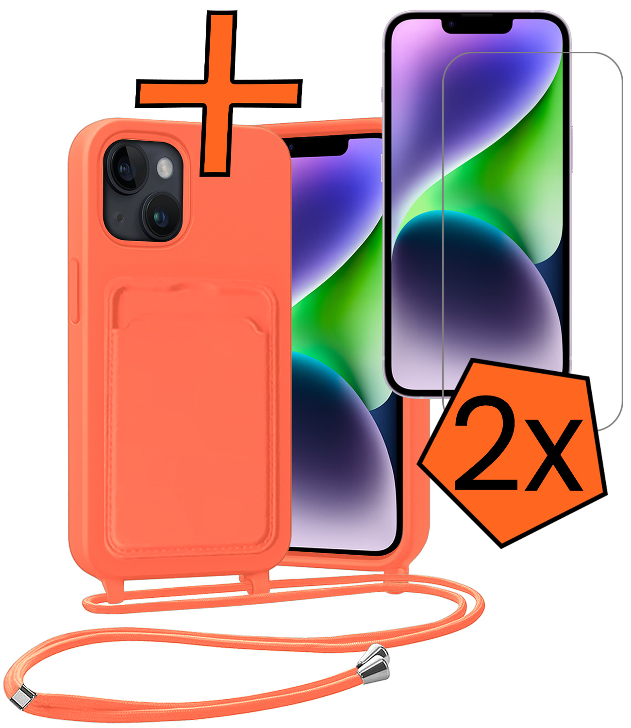 Nomfy Nomfy iPhone 13 Hoesje Pashouder met Koord Met 2x Screenprotector - Papaya