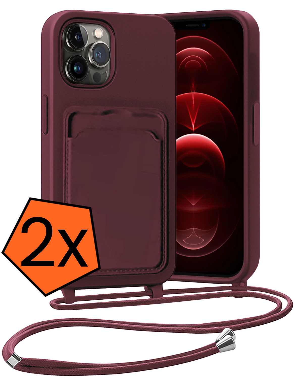 Nomfy Nomfy iPhone 13 Pro Hoesje Pashouder met Koord - Aubergine - 2 PACK