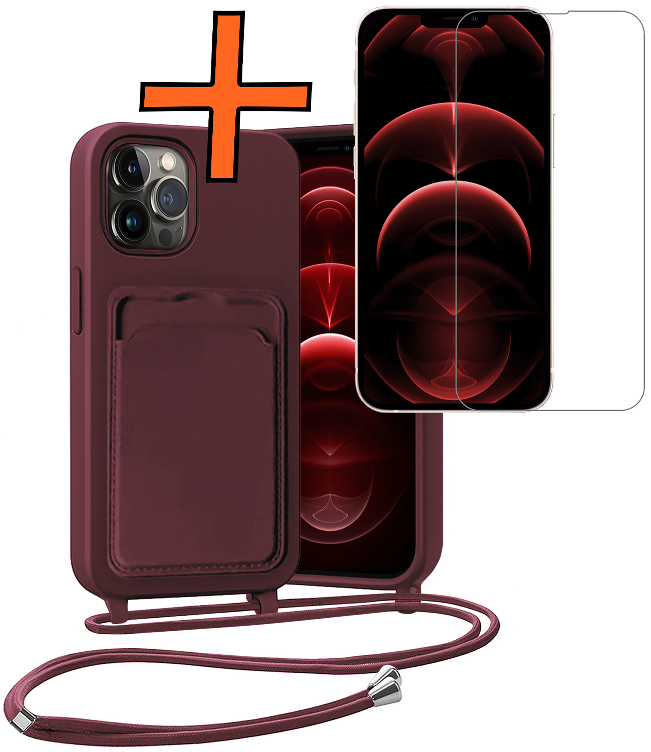 Nomfy Nomfy iPhone 13 Pro Hoesje Pashouder met Koord Met Screenprotector - Aubergine