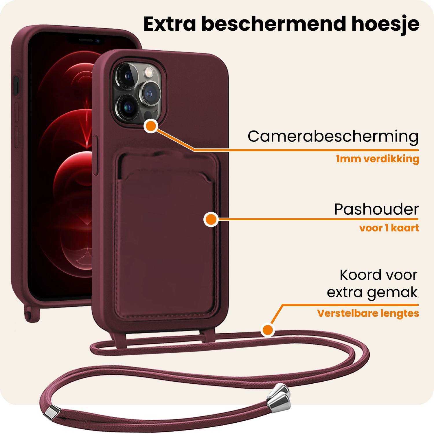 Nomfy Nomfy iPhone 13 Pro Hoesje Pashouder met Koord Met Screenprotector - Aubergine