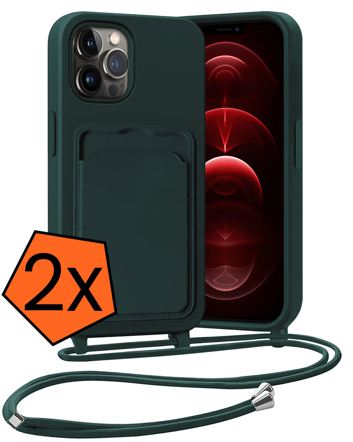 Nomfy Nomfy iPhone 13 Pro Hoesje Pashouder met Koord - Donkergroen - 2 PACK