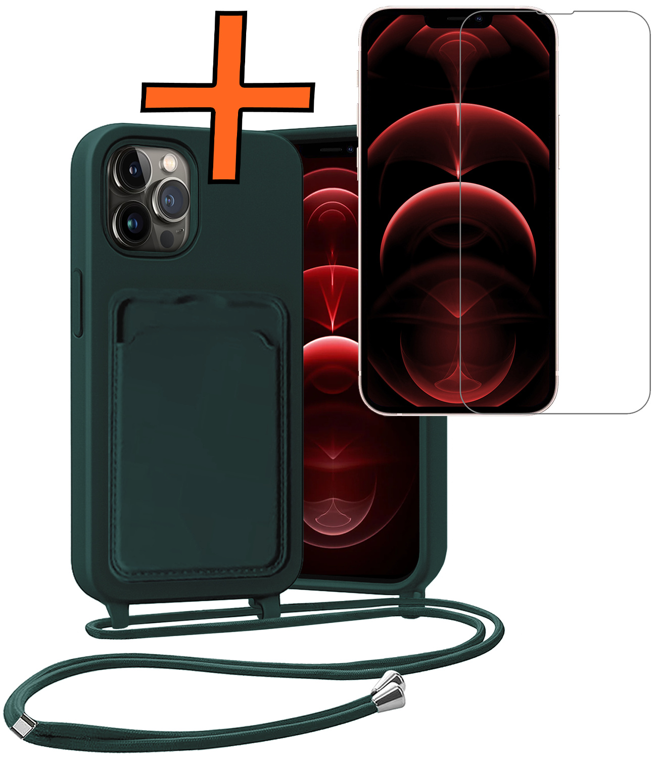 Nomfy Nomfy iPhone 13 Pro Hoesje Pashouder met Koord Met Screenprotector - Donkergroen