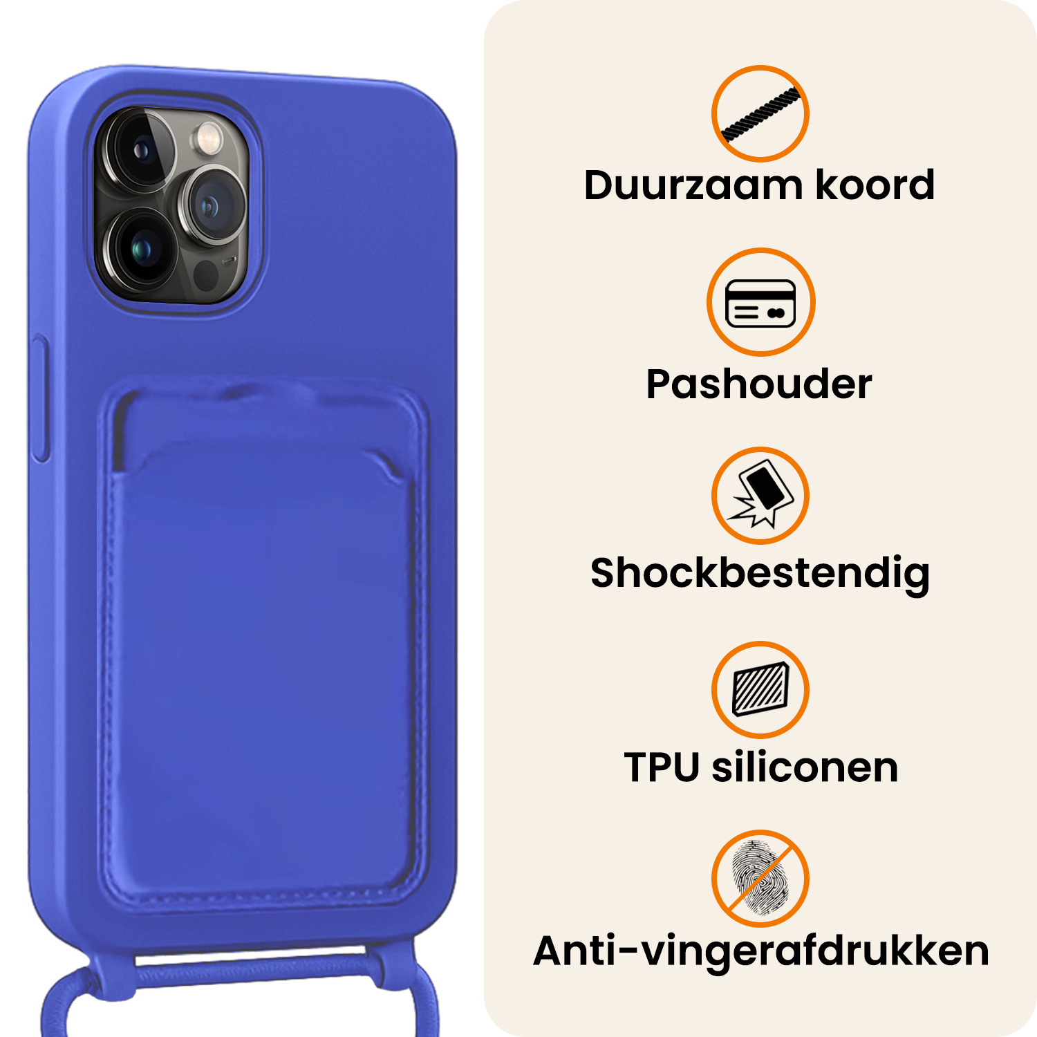 Nomfy Nomfy iPhone 13 Pro Hoesje Pashouder met Koord - Fel Blauw - 2 PACK