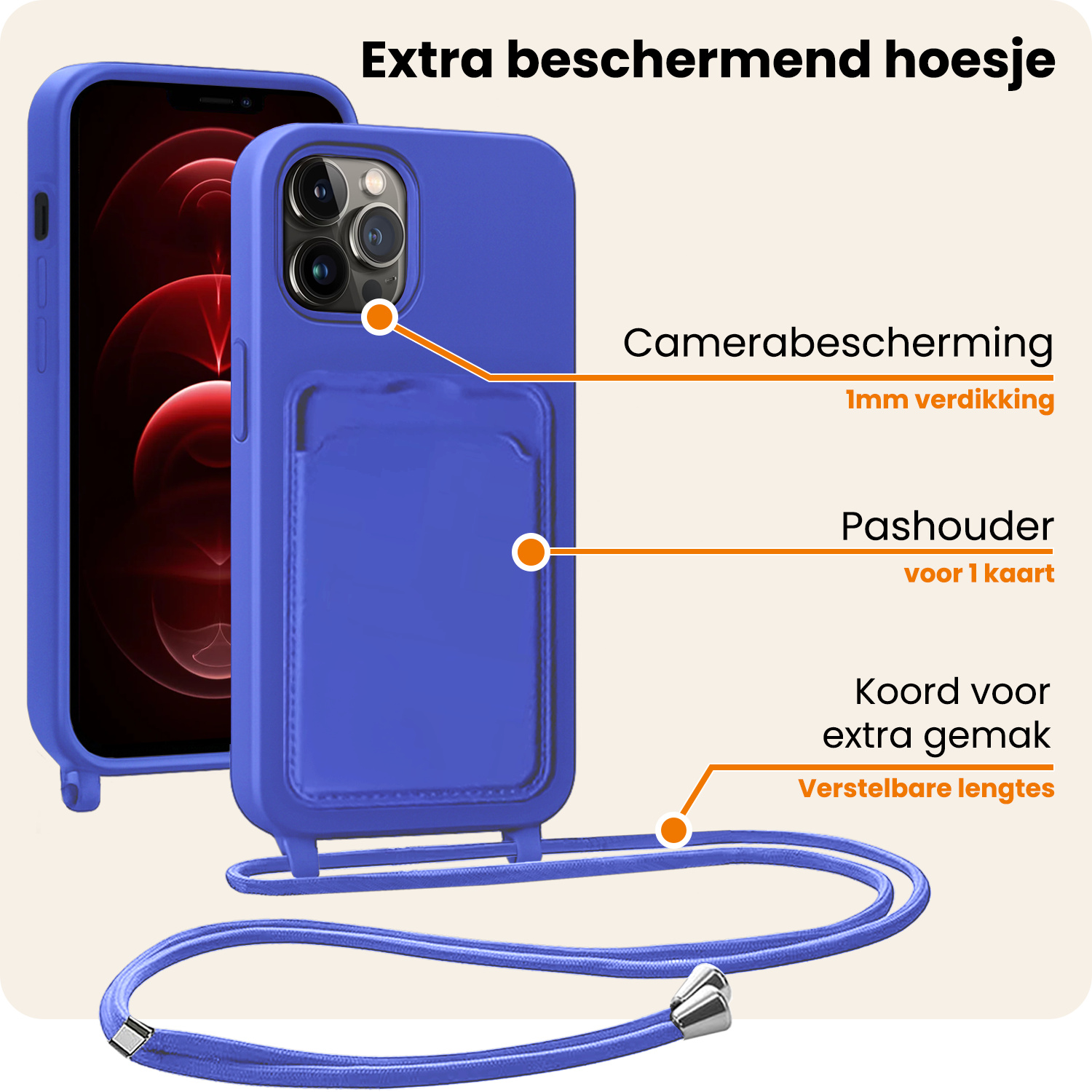 Nomfy Nomfy iPhone 13 Pro Hoesje Pashouder met Koord Met 2x Screenprotector - Fel Blauw