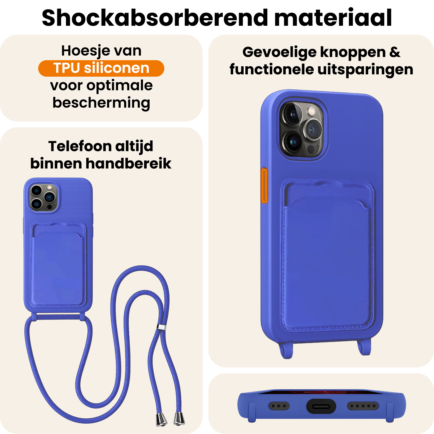 Nomfy Nomfy iPhone 13 Pro Hoesje Pashouder met Koord Met 2x Screenprotector - Fel Blauw