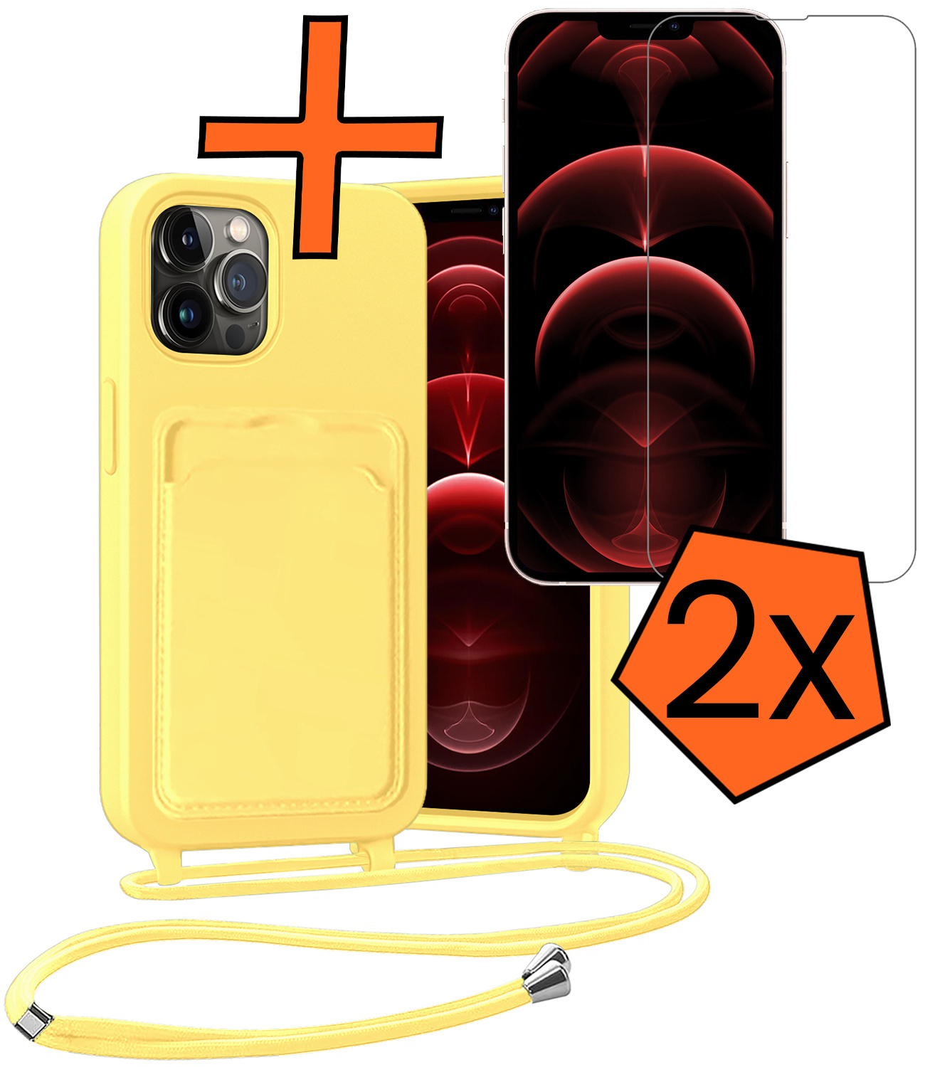 Nomfy Nomfy iPhone 13 Pro Hoesje Pashouder met Koord Met 2x Screenprotector - Geel