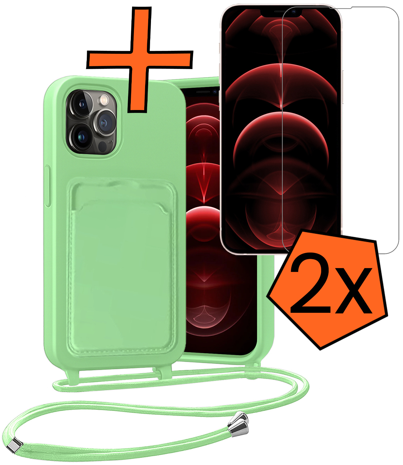 Nomfy Nomfy iPhone 13 Pro Hoesje Pashouder met Koord Met 2x Screenprotector - Groen