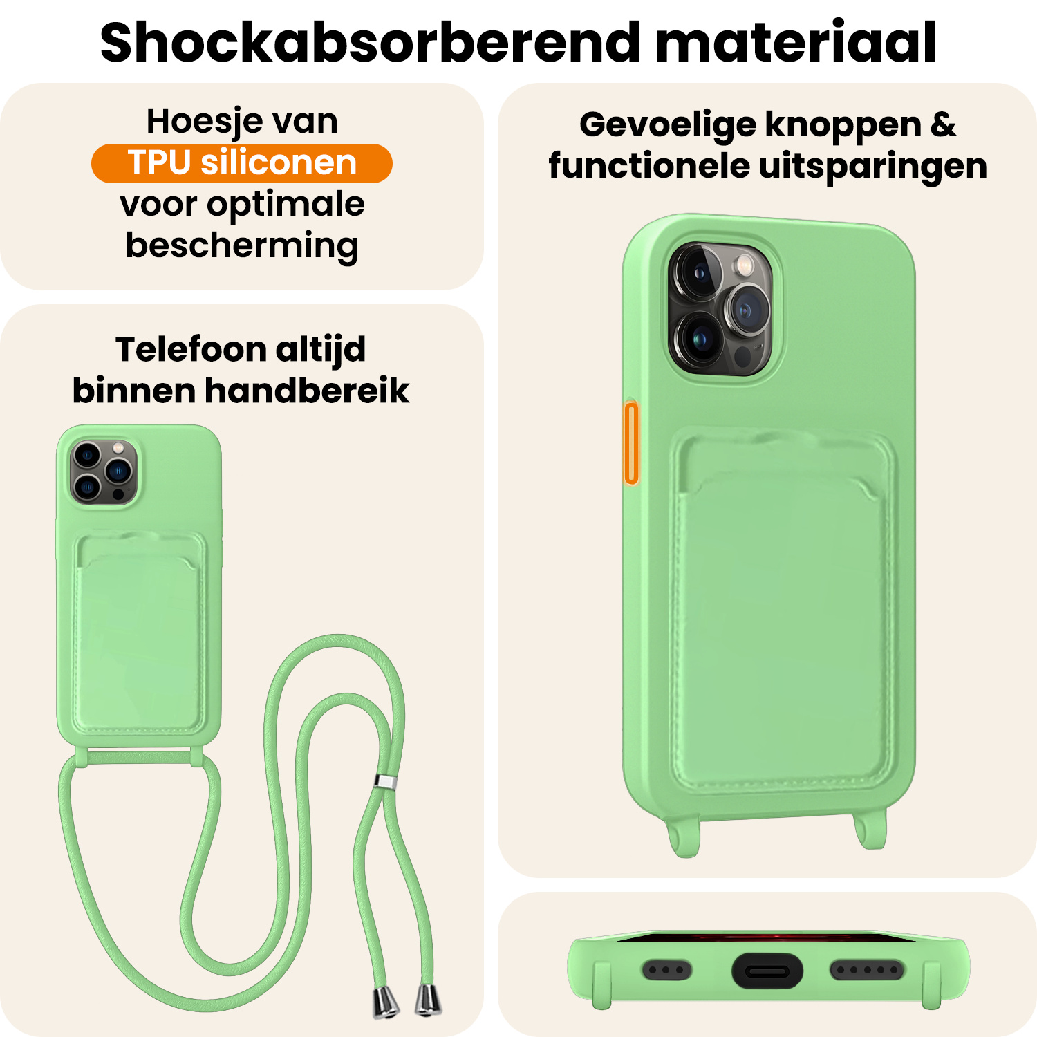 Nomfy Nomfy iPhone 13 Pro Hoesje Pashouder met Koord Met 2x Screenprotector - Groen