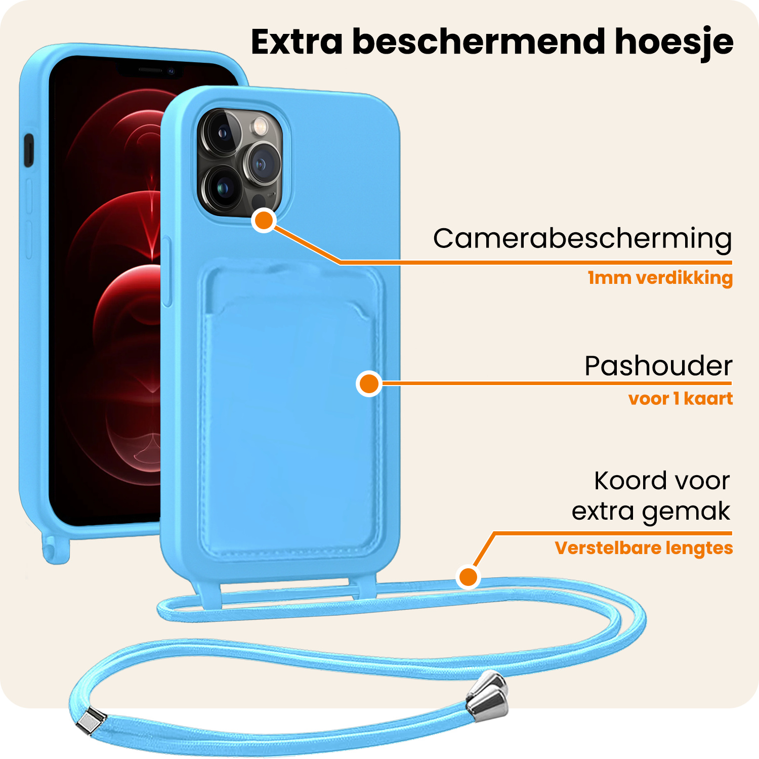 Nomfy Nomfy iPhone 13 Pro Hoesje Pashouder met Koord - Lichtblauw