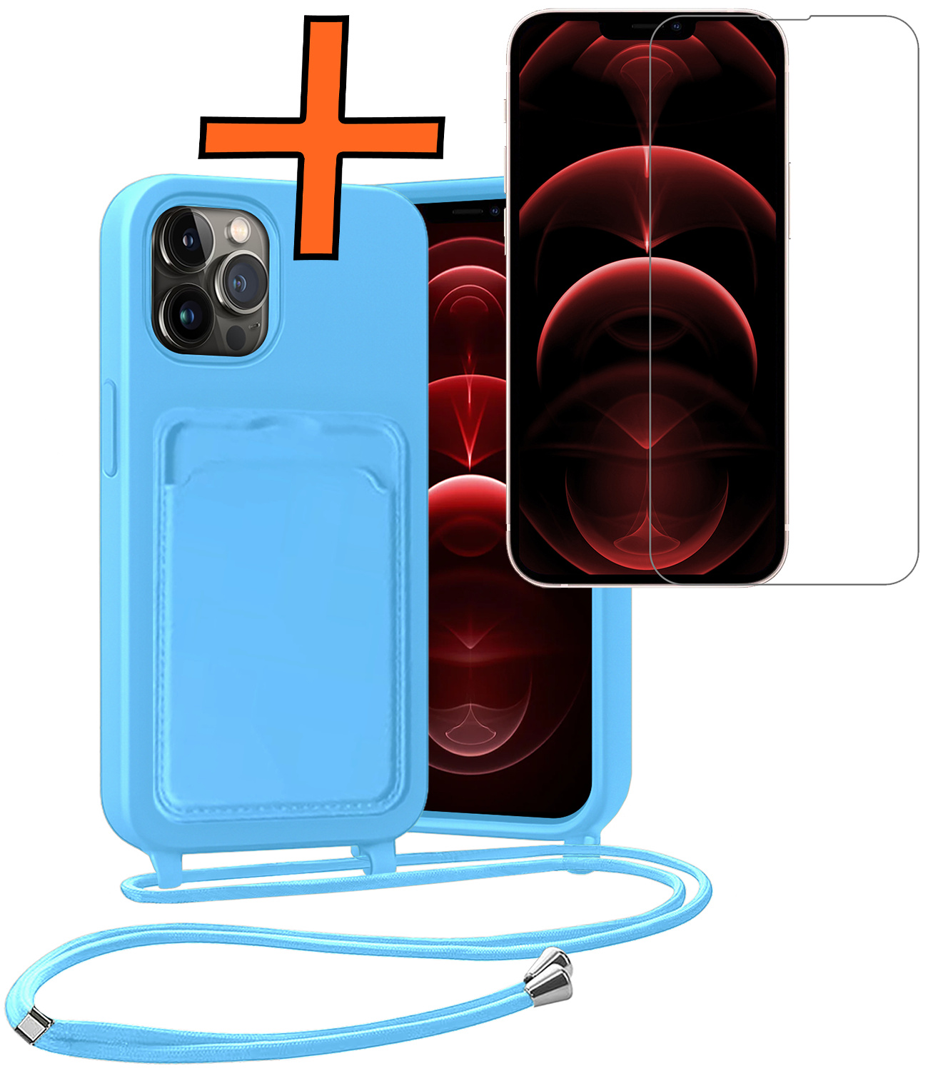 Nomfy Nomfy iPhone 13 Pro Hoesje Pashouder met Koord Met Screenprotector - Lichtblauw