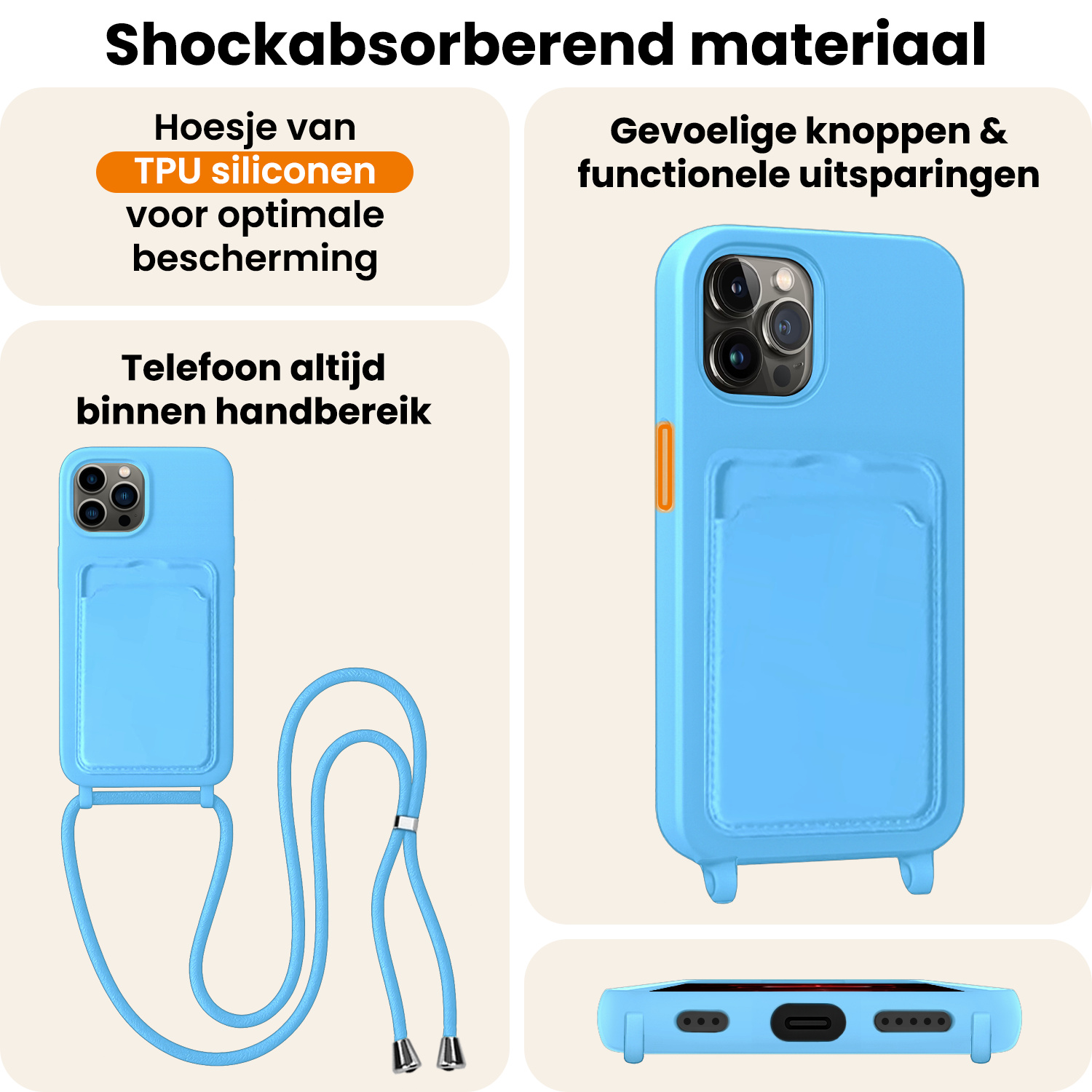 Nomfy Nomfy iPhone 13 Pro Hoesje Pashouder met Koord Met Screenprotector - Lichtblauw