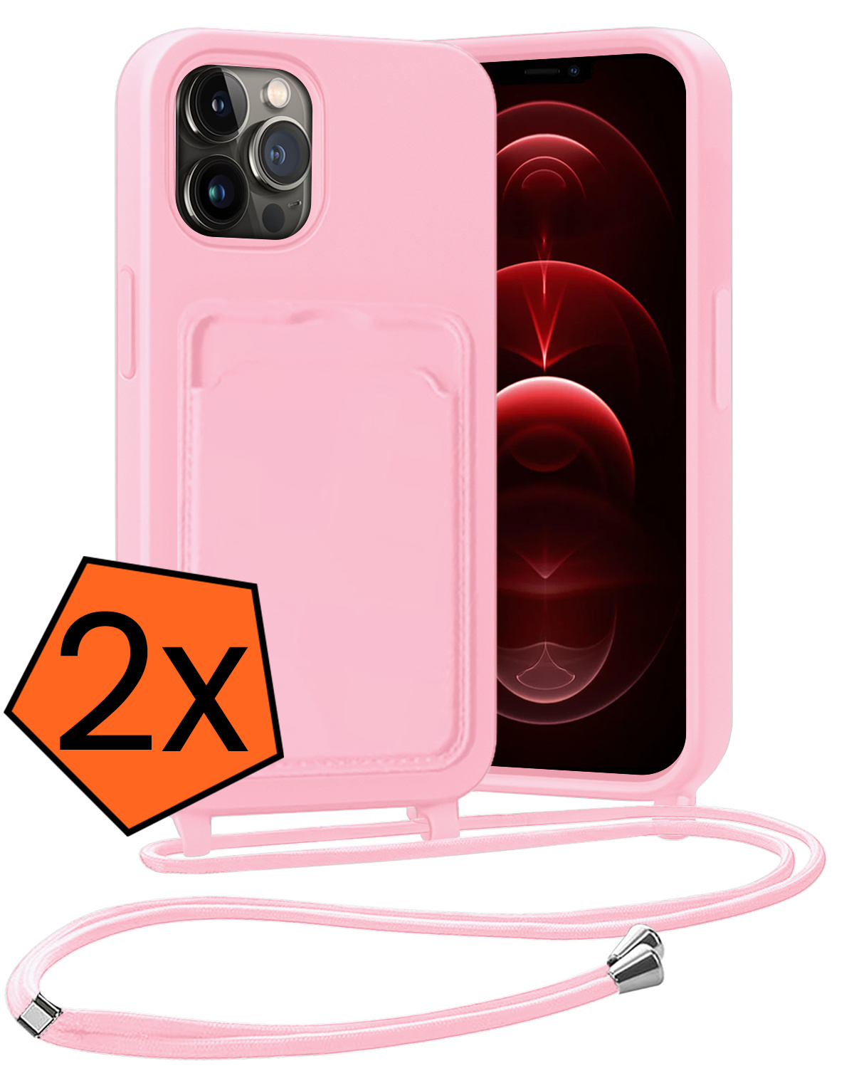 Nomfy Nomfy iPhone 13 Pro Hoesje Pashouder met Koord - Lichtroze - 2 PACK