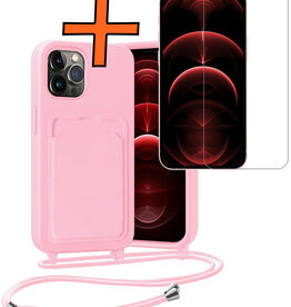 Nomfy Nomfy iPhone 13 Pro Hoesje Pashouder met Koord Met Screenprotector - Lichtroze