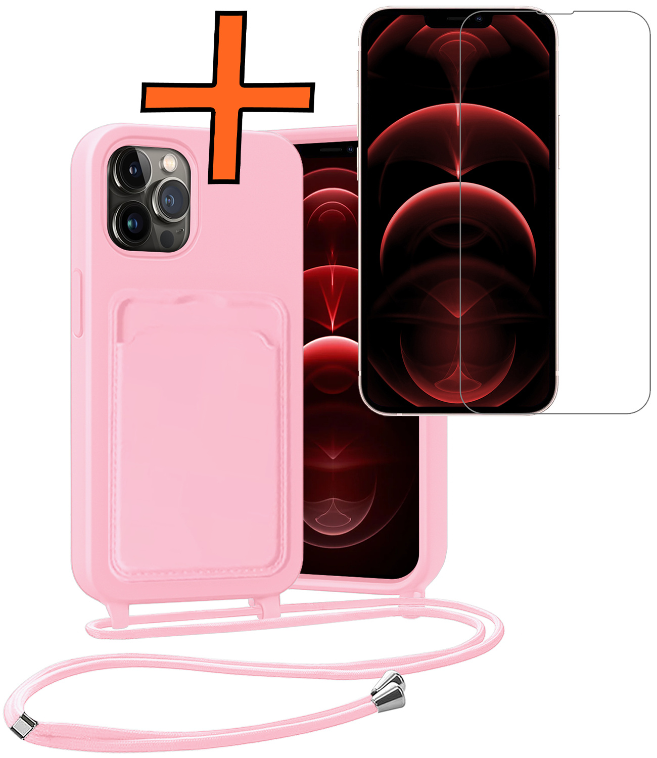 Nomfy Nomfy iPhone 13 Pro Hoesje Pashouder met Koord Met Screenprotector - Lichtroze