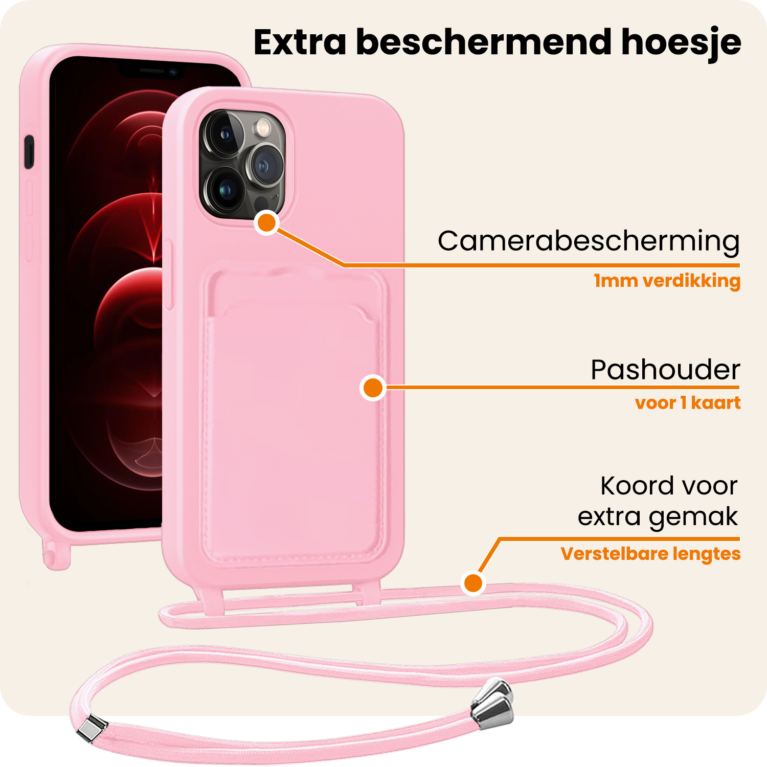 Nomfy Nomfy iPhone 13 Pro Hoesje Pashouder met Koord Met Screenprotector - Lichtroze