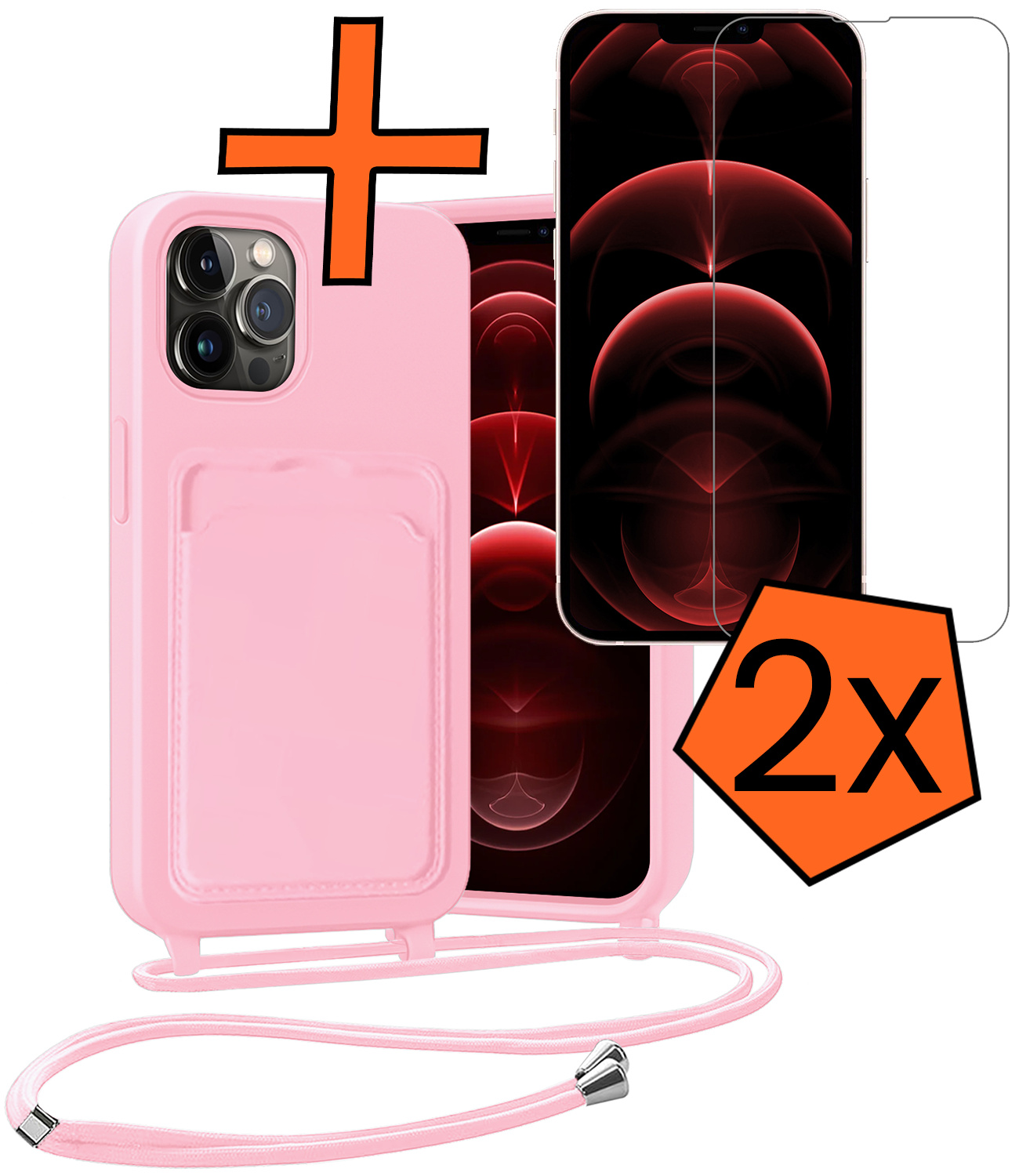 Nomfy Nomfy iPhone 13 Pro Hoesje Pashouder met Koord Met 2x Screenprotector - Lichtroze