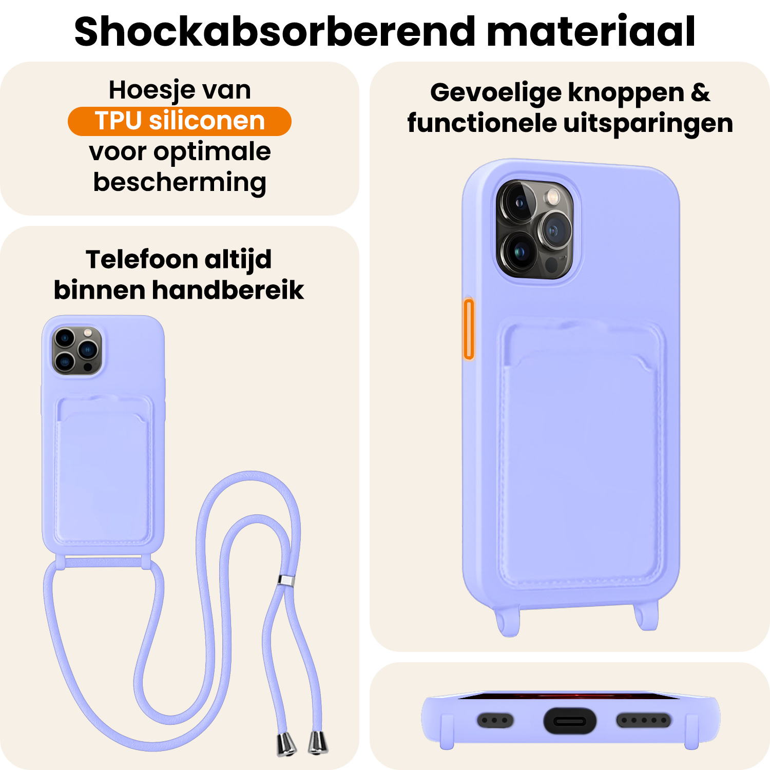 Nomfy Nomfy iPhone 13 Pro Hoesje Pashouder met Koord - Lila