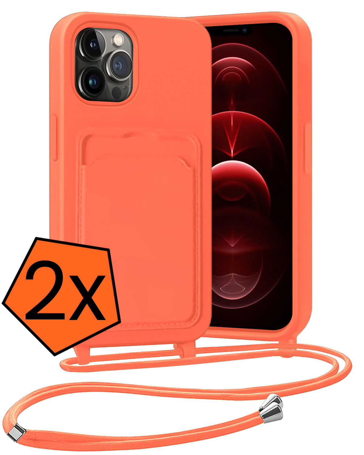 Nomfy Nomfy iPhone 13 Pro Hoesje Pashouder met Koord - Papaya - 2 PACK