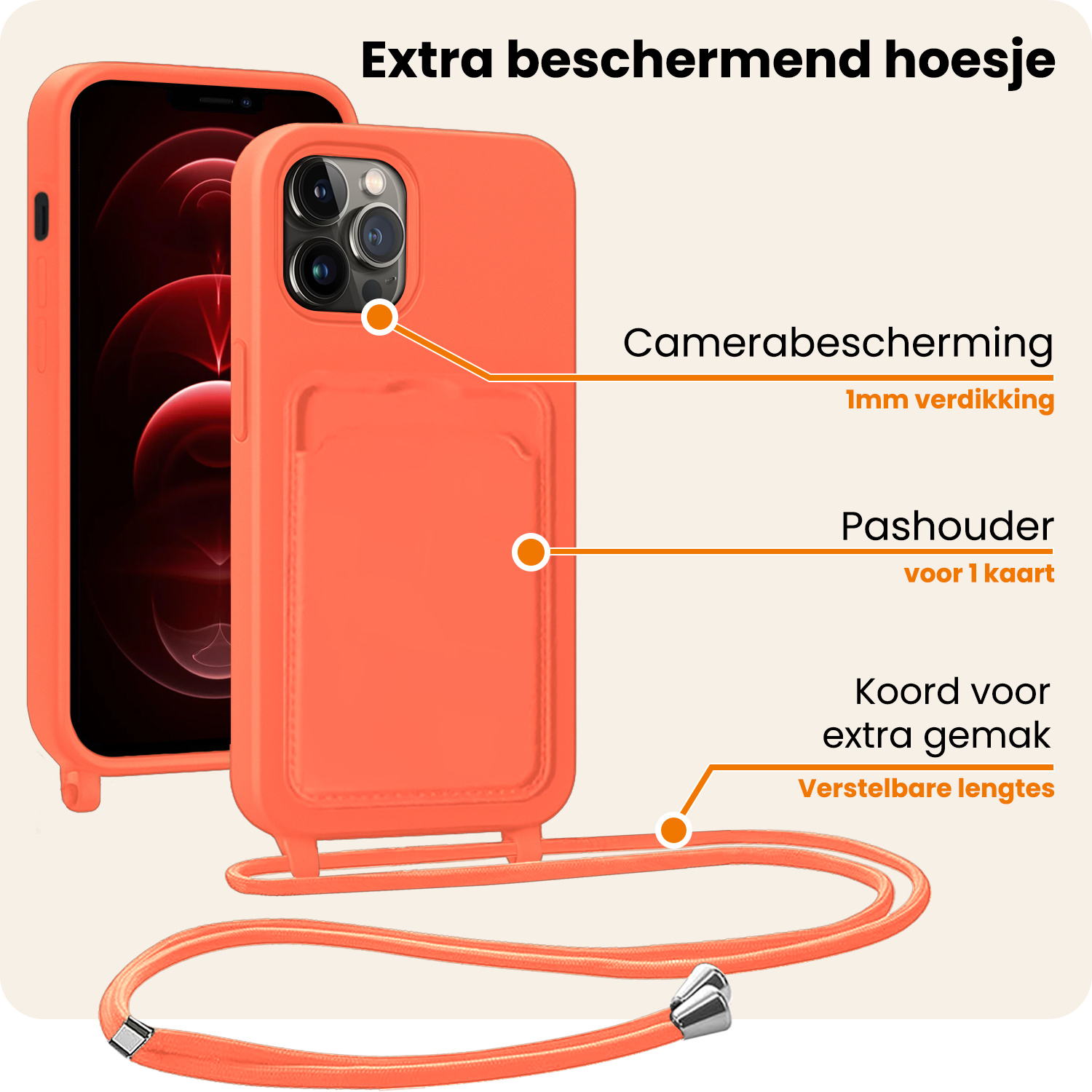 Nomfy Nomfy iPhone 13 Pro Hoesje Pashouder met Koord - Papaya - 2 PACK
