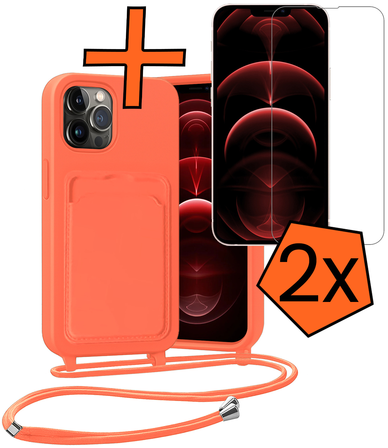 Nomfy Nomfy iPhone 13 Pro Hoesje Pashouder met Koord Met 2x Screenprotector - Papaya