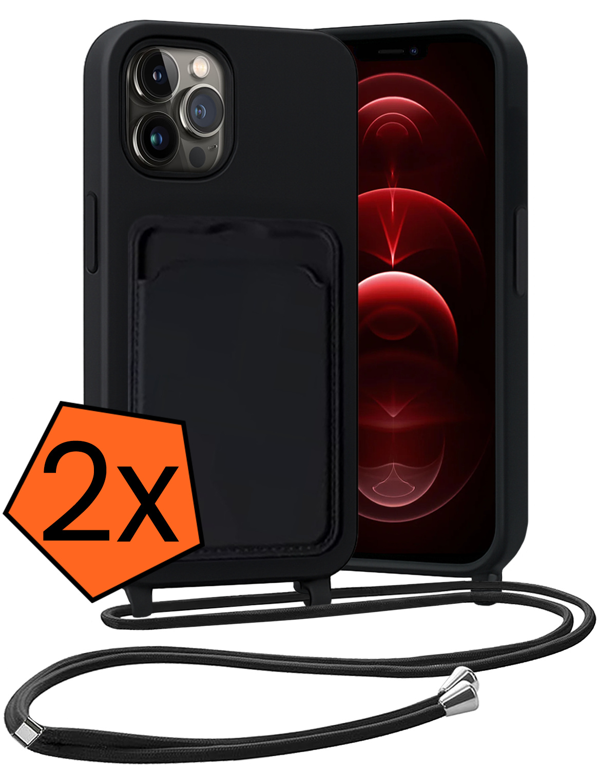 Nomfy Nomfy iPhone 13 Pro Hoesje Pashouder met Koord - Zwart - 2 PACK