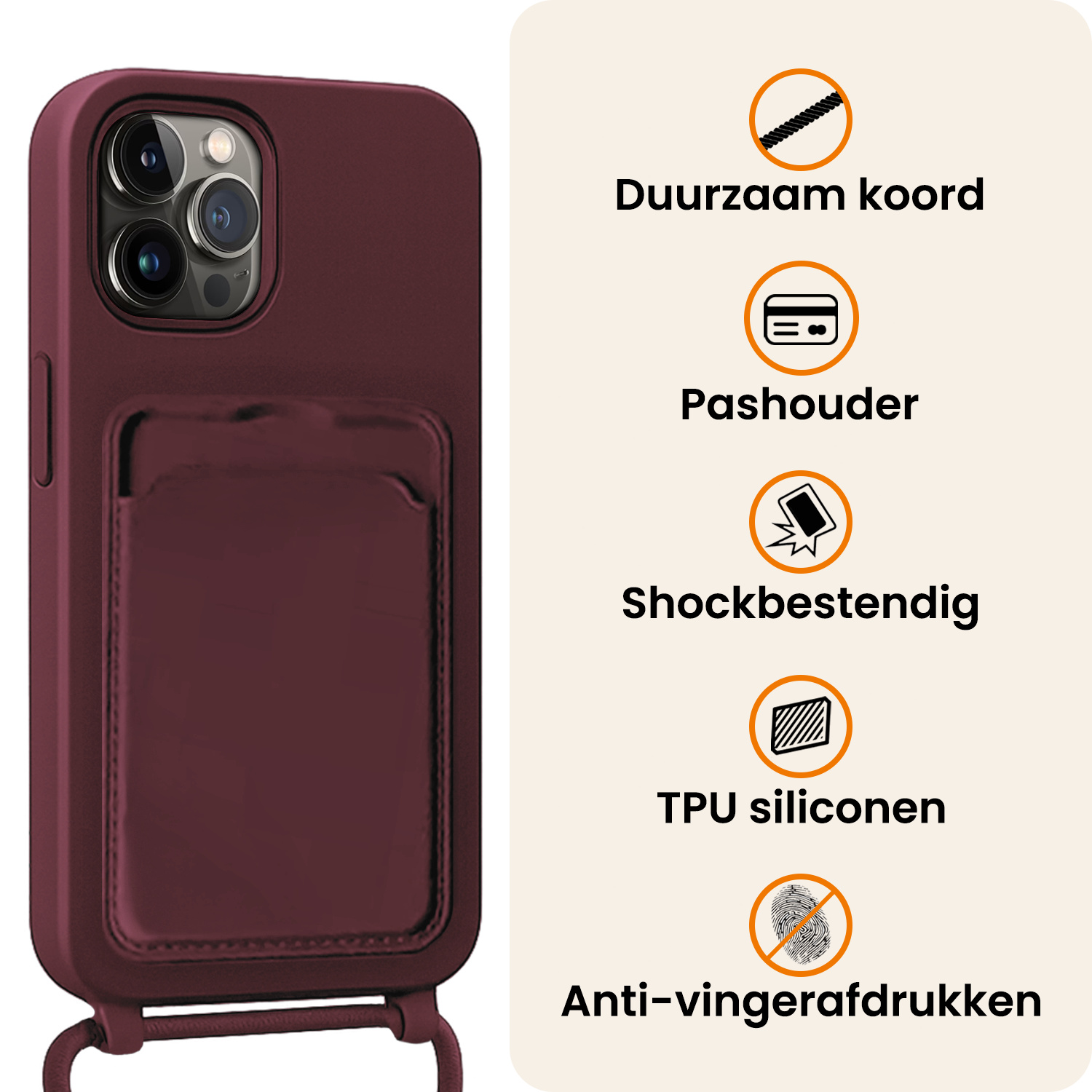 Nomfy Nomfy iPhone 13 Pro Max Hoesje Pashouder met Koord Met Screenprotector - Aubergine