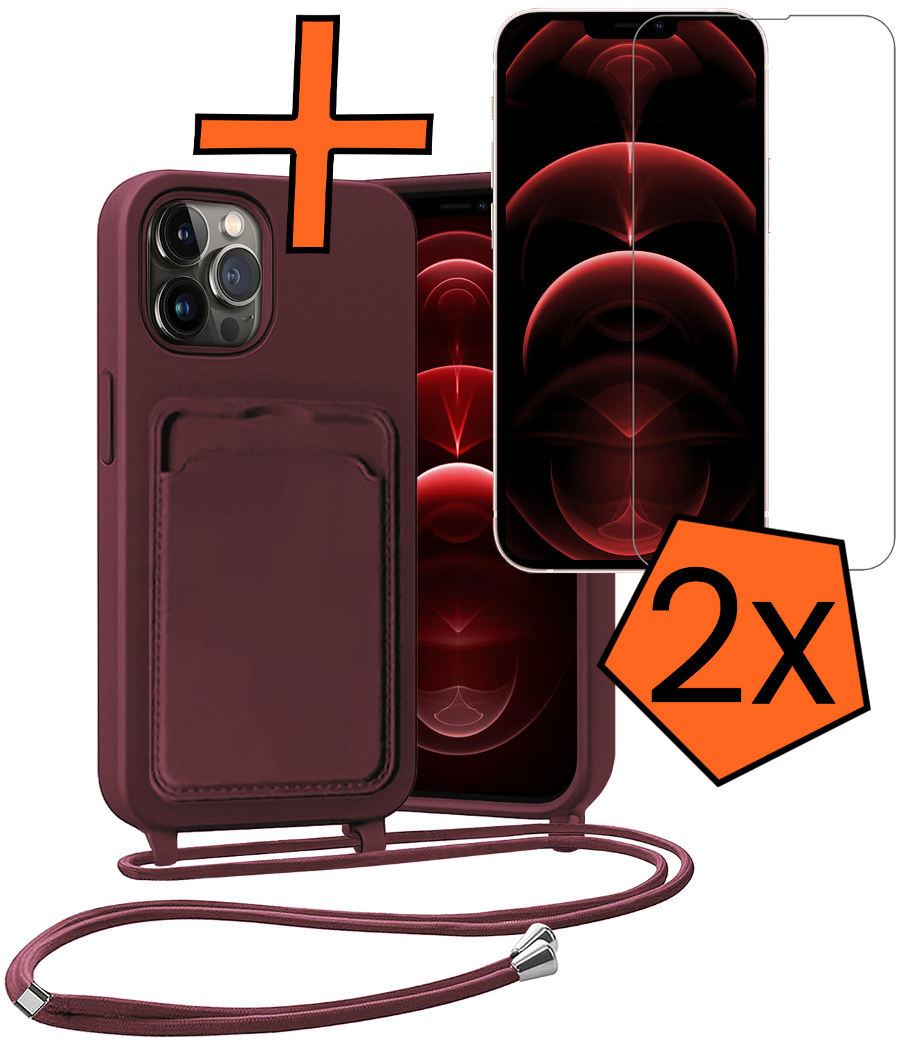 Nomfy Nomfy iPhone 13 Pro Max Hoesje Pashouder met Koord Met 2x Screenprotector - Aubergine
