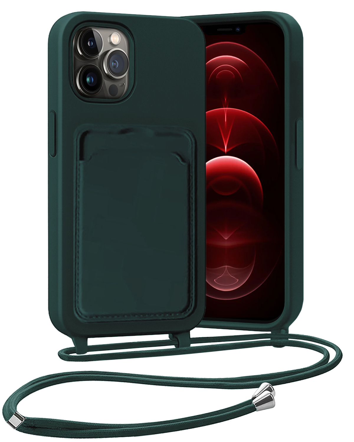 Nomfy Nomfy iPhone 13 Pro Max Hoesje Pashouder met Koord - Donkergroen