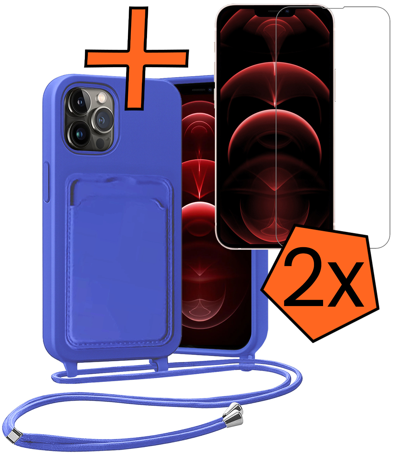 Nomfy Nomfy iPhone 13 Pro Max Hoesje Pashouder met Koord Met 2x Screenprotector - Fel Blauw
