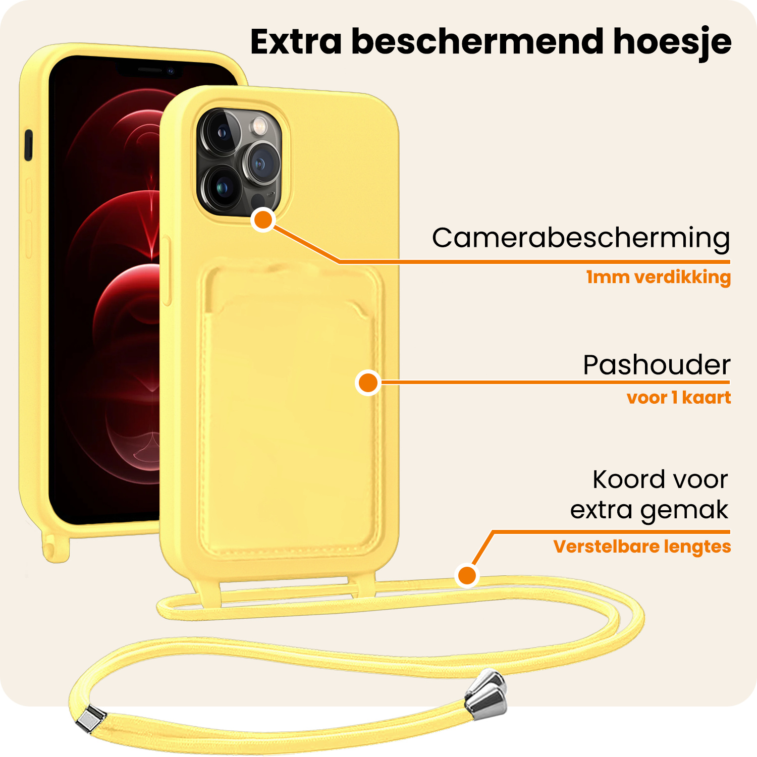 Nomfy Nomfy iPhone 13 Pro Max Hoesje Pashouder met Koord - Geel